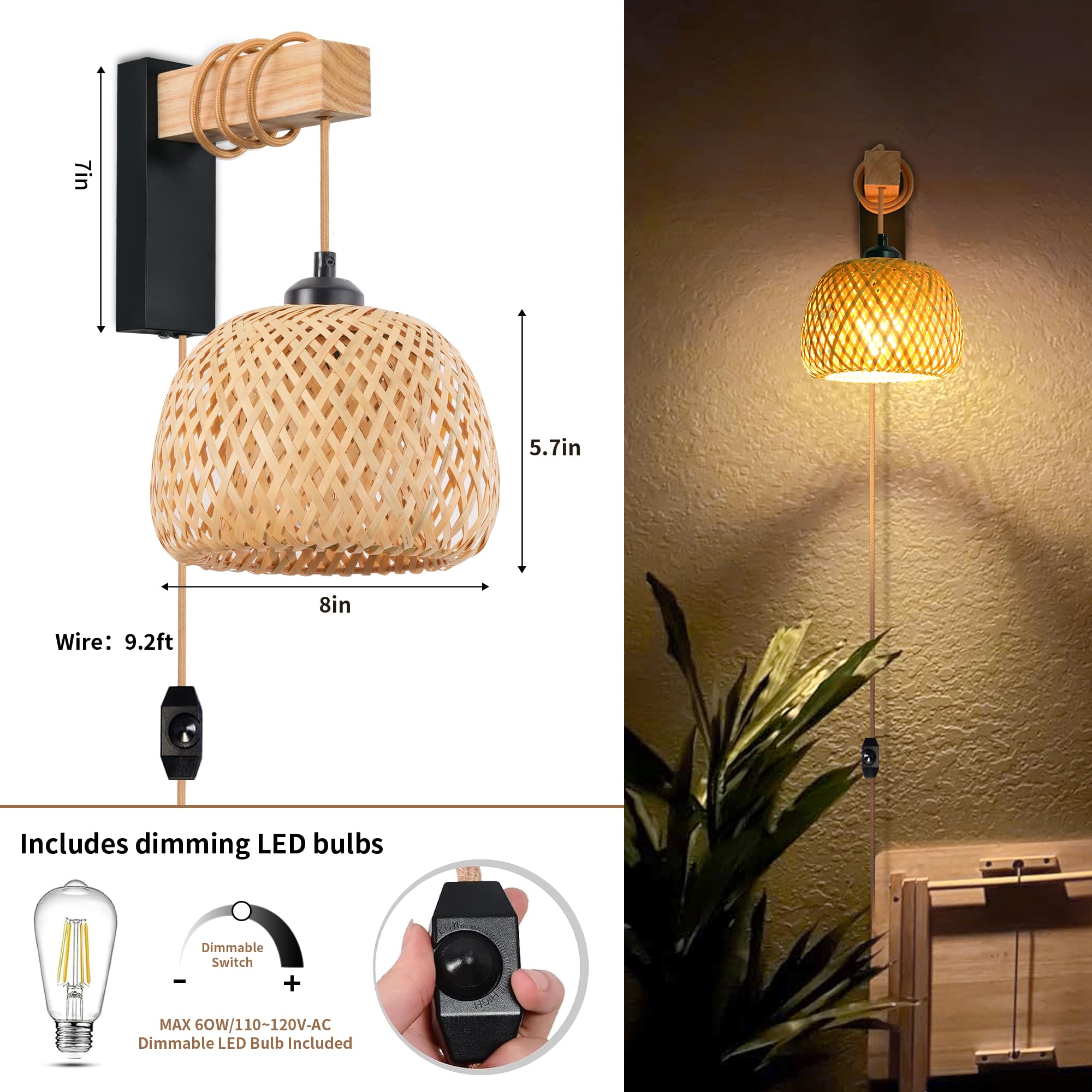 Rattan Plug in Wall Sconces Set of Two,Wicker Wall Lamp with Plug in Cord Hand Woven Rattan Plug in Wall Lamp Rustic Wall Lighting Boho Wall Sconces for Living Room Bedroom