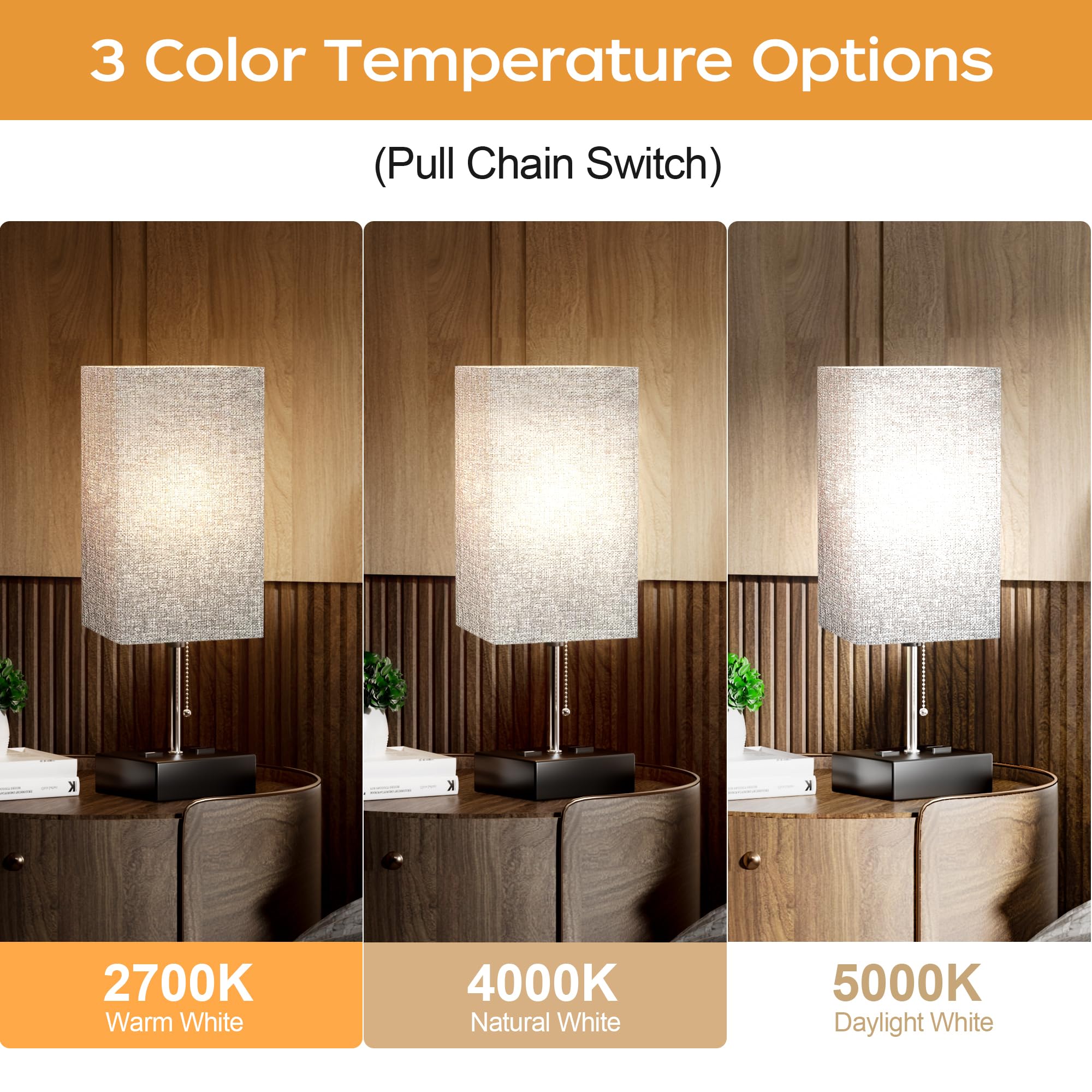 3 Color Temperature Bedside Lamp with USB C and USB A Ports Grey Table Lamps for Bedroom Nightstand Small Lamps Bed Lamp Desk Lamps by Pull Chain (Bulb Included)