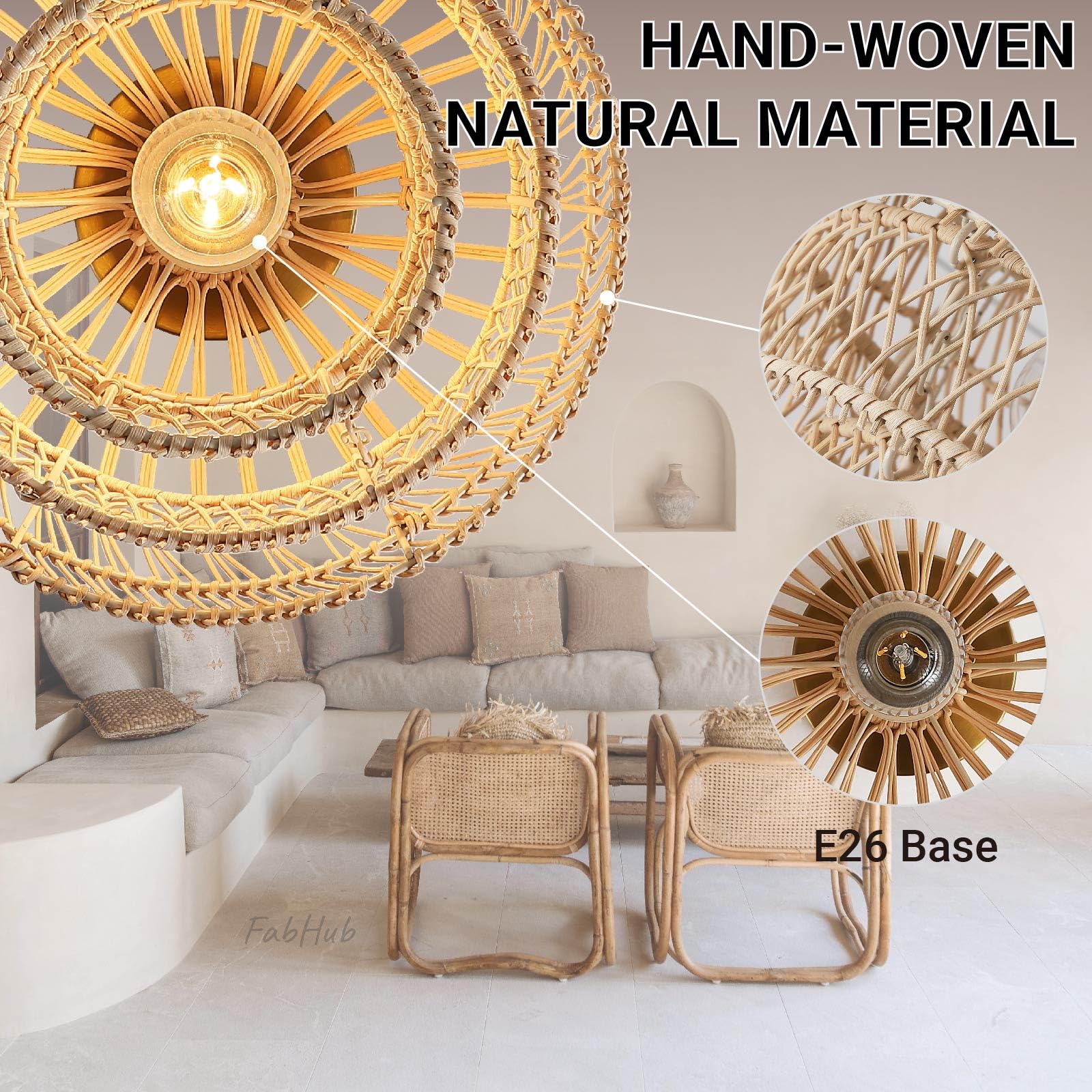 12'' Rattan Ceiling Light Fixtures Boho Chandelier Rattan Semi Flush Mount Ceiling Light with Tiered Wicker Lampshade,Farmhouse Ceiling Light Fixtures for Bedroom Entryway Living Room Nursery