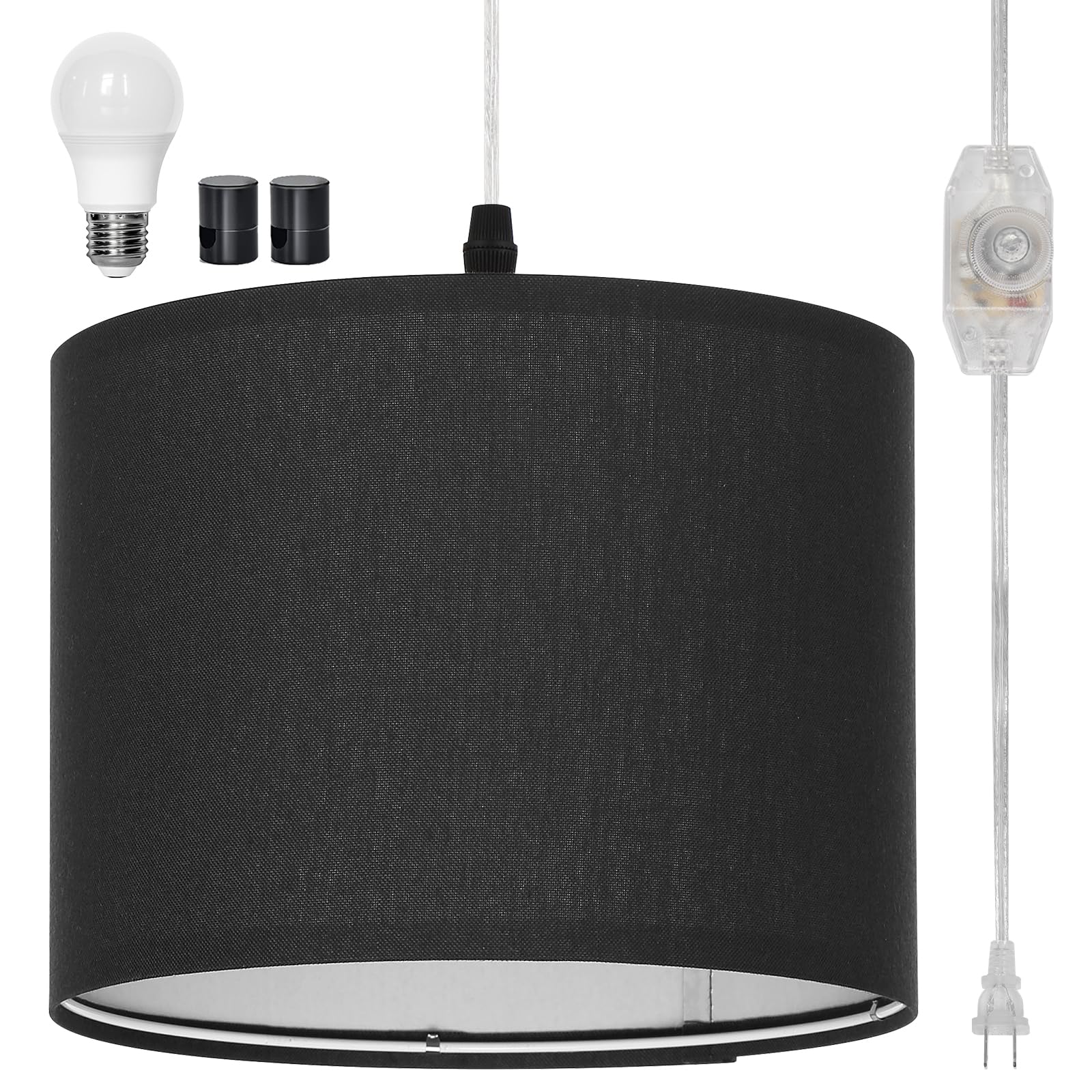 Plug in Pendant Light, Hanging Light with Plug in Cord with Dimmable Switch, Hanging Lamp with 15 ft Clear Cord, Pendant Light Fixture for Bedroom Kitchen Island (Bulb Included)