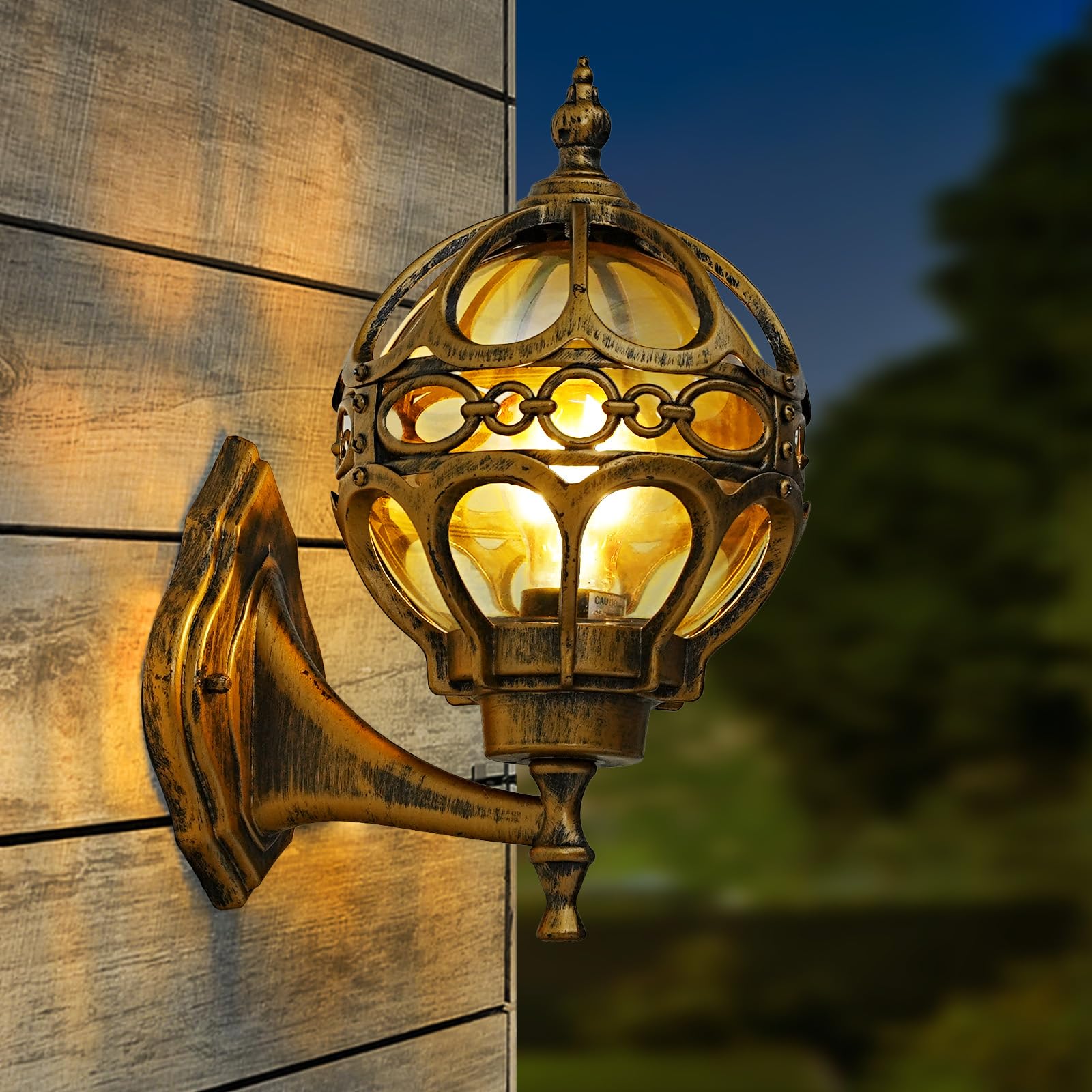 Gold Globe Outdoor Wall Light Fixtures for Garage Porch Patio House Garden Hallway Front Door, Sphere Anti-Rust Exterior Wall Sconces Lanterns, Aluminum 2 Pack Wall Mount Soccer Ball Lamp