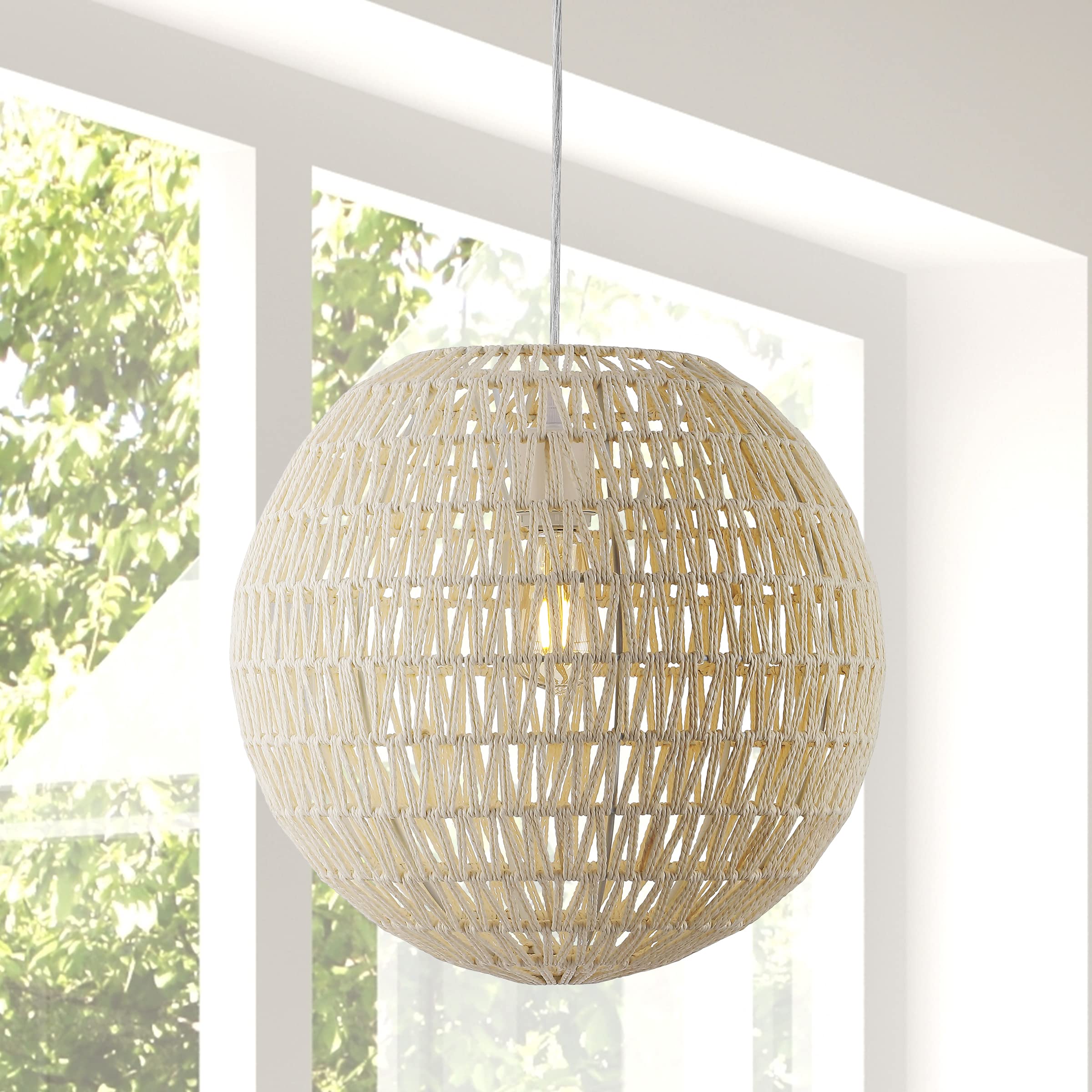 15.7" Woven Rattan Orb LED Pendant Minimalist Modern Contemporary Transitional Bohemian Modern Dimmable Adjustable Dining Room Living Room Kitchen Foyer Bedroom Hallway, White