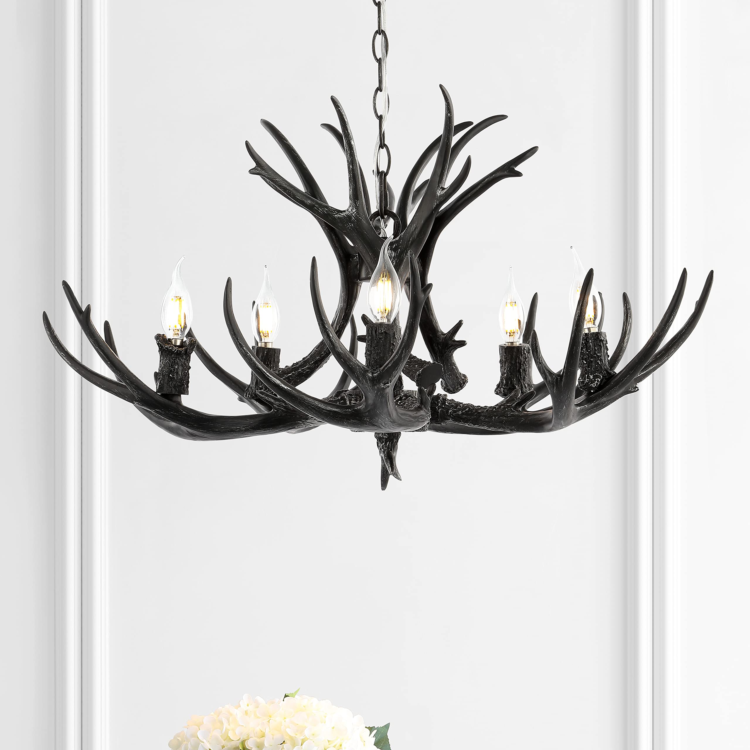 30" Adjustable Resin Antler 5-Light LED Chandelier, Glam, Rustic,Cottage,Transitional, Dimmable Dining Room, Living Room, Kitchen, Foyer, Bedroom, White