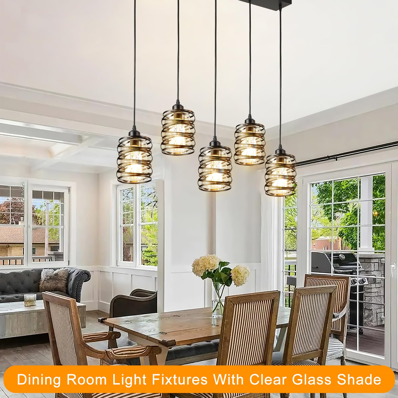 Brushed Nickel Pendant Lights for Kitchen Island, 5-Light Chandelier for Dining Room, Hanging Linear Chandeliers, Modern Dining Room Light Fixtures Pendant Light with Clear Glass Shades