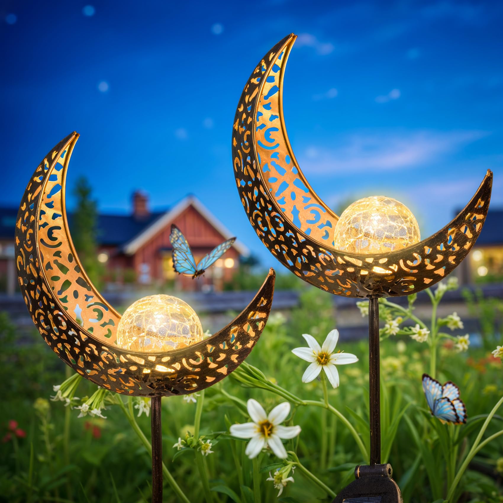 Moon Solar Garden Lights Outdoor Decor Stakes, Waterproof Crackle Glass Metal Lights for Lawn, Patio Accessory, Backyard Decorations Garden Birthday Gifts Mom Grandma (Bronze)