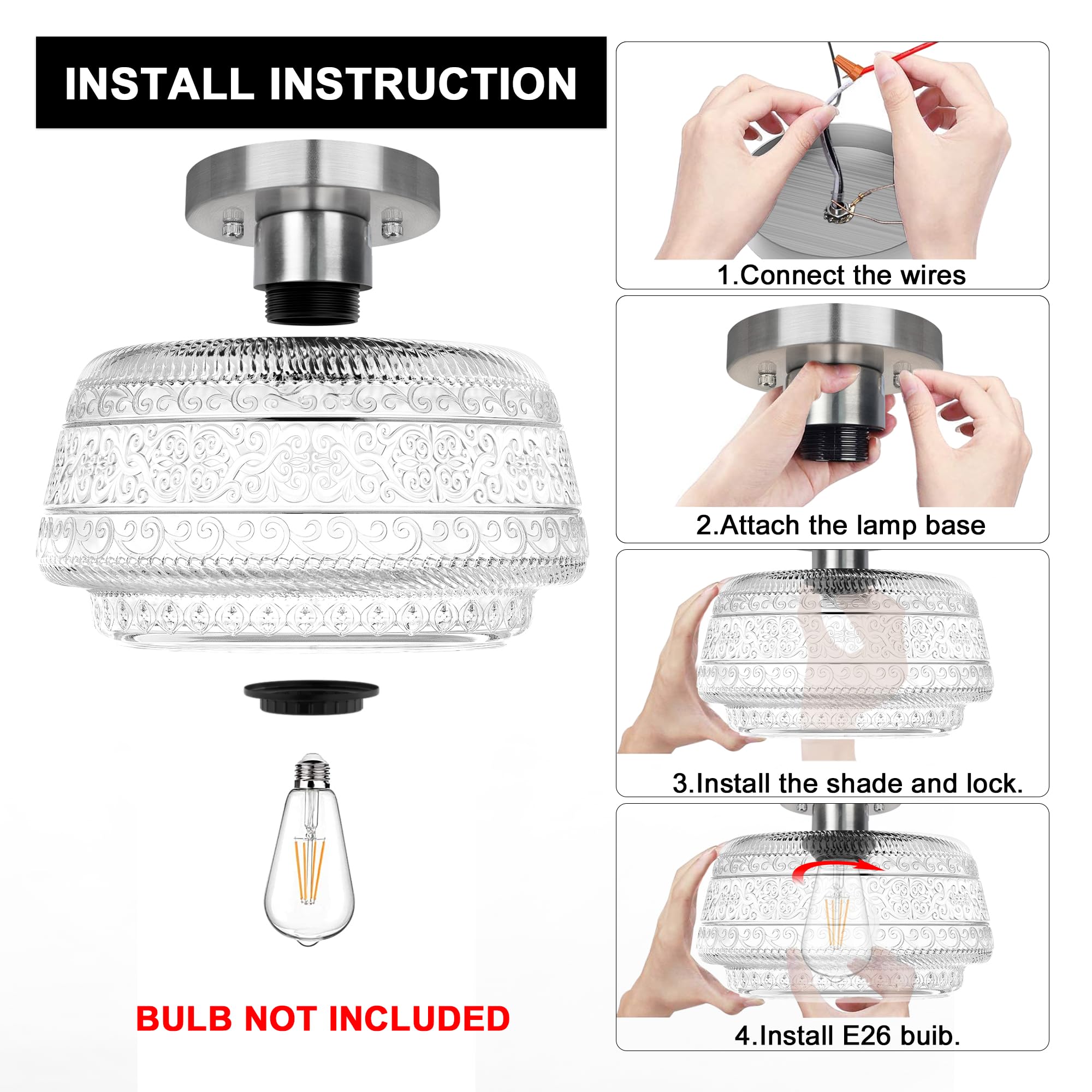 Semi Flush Mount Ceiling Light, Globe Glass Ceiling Light Fixture, Black Close to Ceiling Lighting, Indoor Kitchen Lighting for Hallway Porch Corridor Bedroom, Bulb Not Included