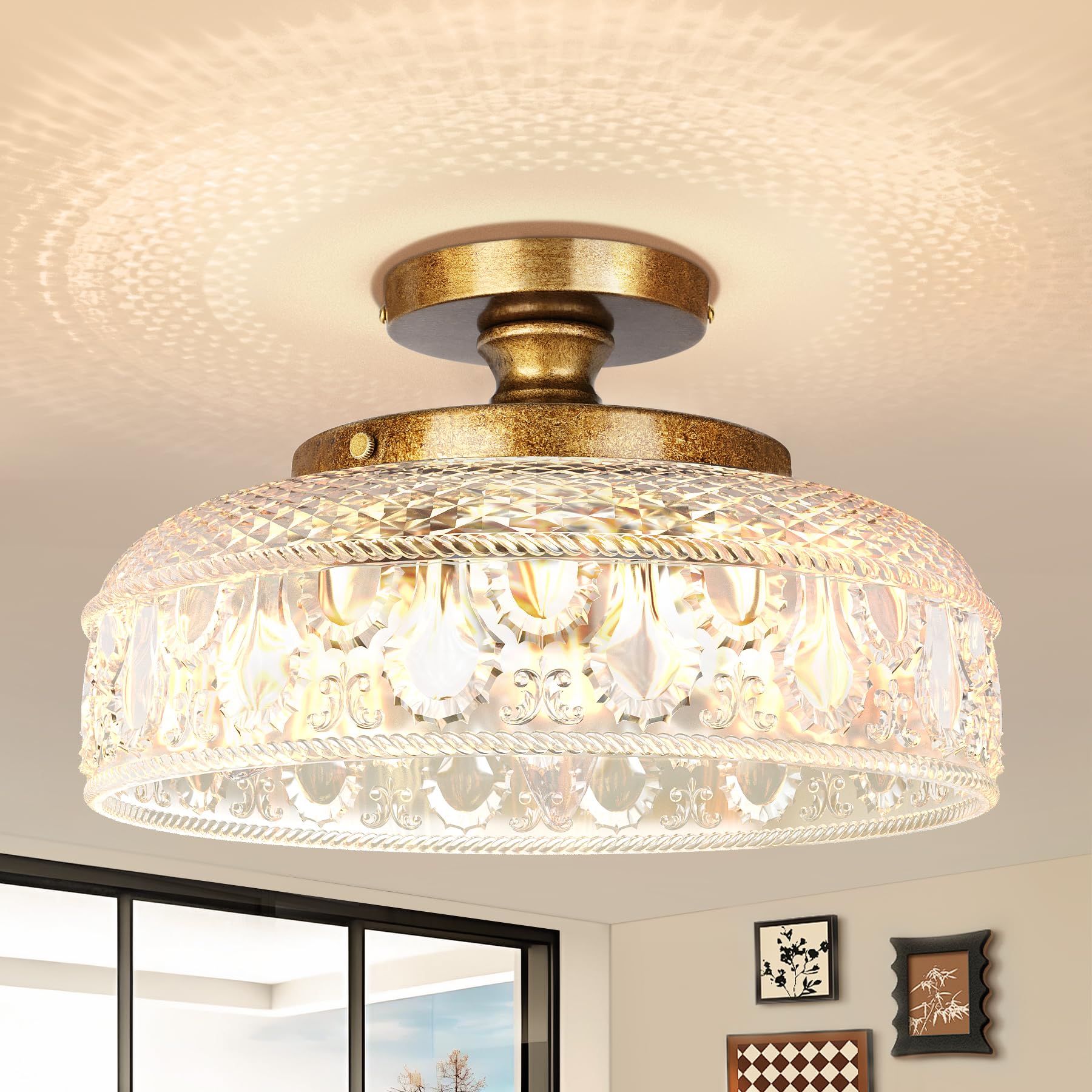 Semi Flush Mount Ceiling Light, Upgraded Larger Golden Hallway Light Fixture, 3-Bulb Globe Glass Close to Ceiling Light,Indoor Hanging Light for Bedroom Kitchen Porch Hallway,Bulbs Not Included