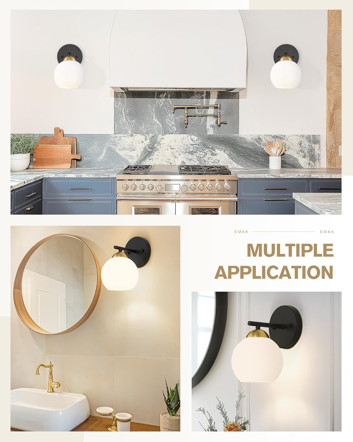 Black Vanity Lights for Mirror, Modern Farmhouse 2-Light Bathroom Light Fixtures Globe Bathroom Vanity Light with Milk Glass Shade, VL114-BK-ML-2