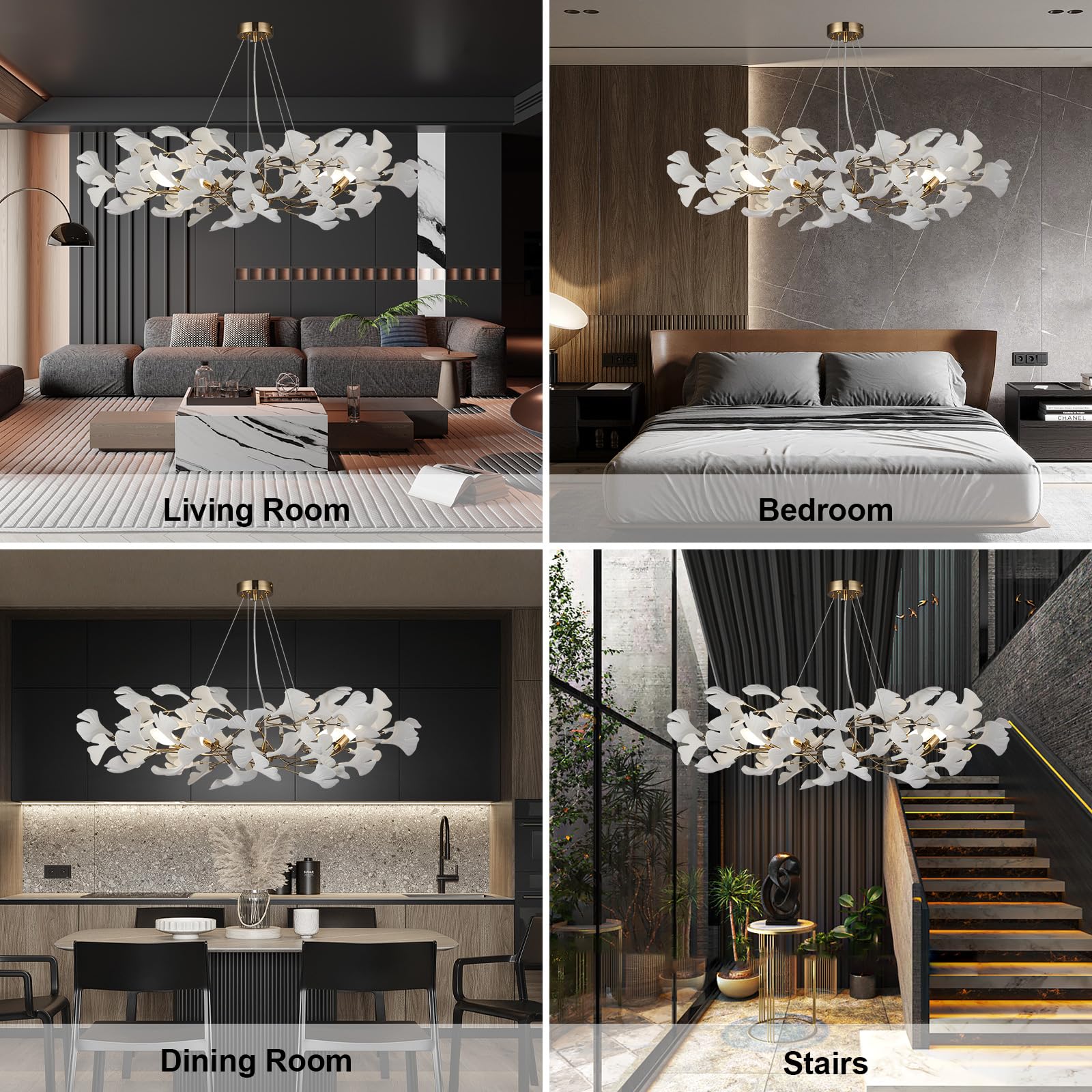 59 Inch White Rectangle Chandelier Ceramic Ginkgo Leaf Chandeliers Brass Large Chandeliers Modern Art Deco Chandelier for Dining Room Living Room,10-Light