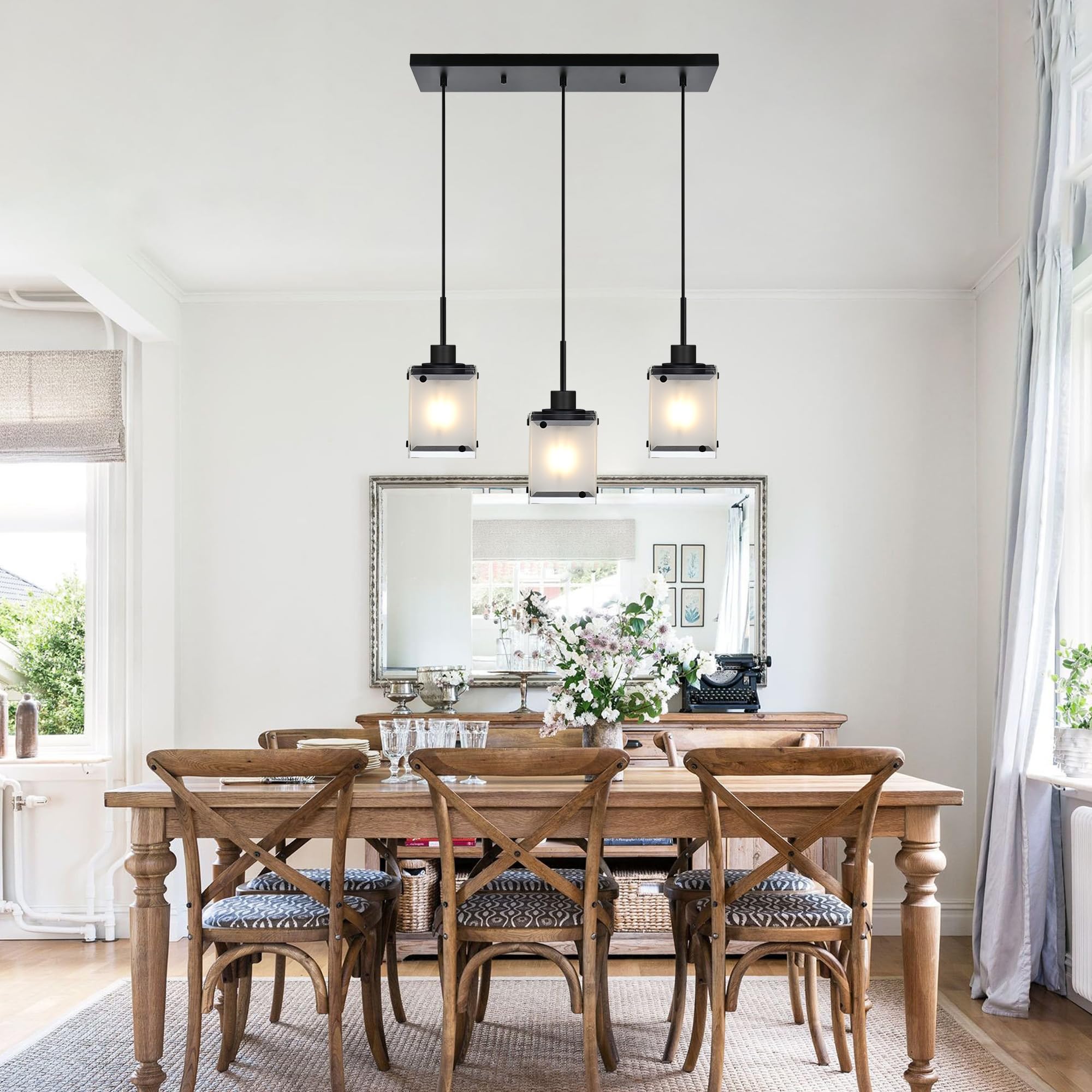 Black Pendant Lights Kitchen Island, 3-Light Dining Room Light Fixtures Hanging Contemporary Linear Chandeliers for Dining Room Hallway with Rectangular Frosted Glass Shade