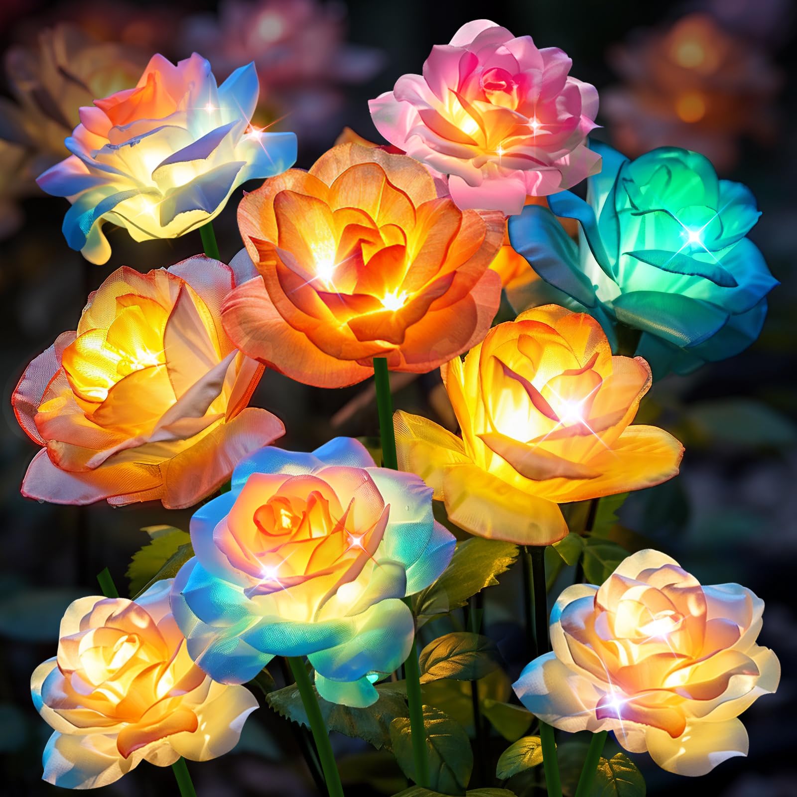 Solar Garden Lights Outdoor Waterproof: 4 Pack Solar Flowers Decorative Lights with 20 Rose Flowers, 7 Color Changing Flower Lights Solar Powered, Solar Yard Lights for Outside Patio Lawn Party Decor