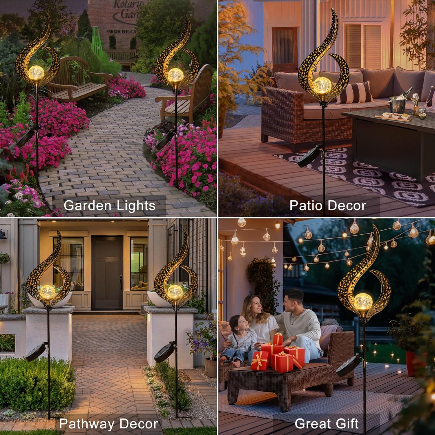 Outdoor Garden Solar Lights Stake Lights, Crackle Glass Globe,Metal Flower Waterproof LED Fairy Lights for Pathway,Lawn,Patio or Courtyard,Gardening Gift (Bronze)