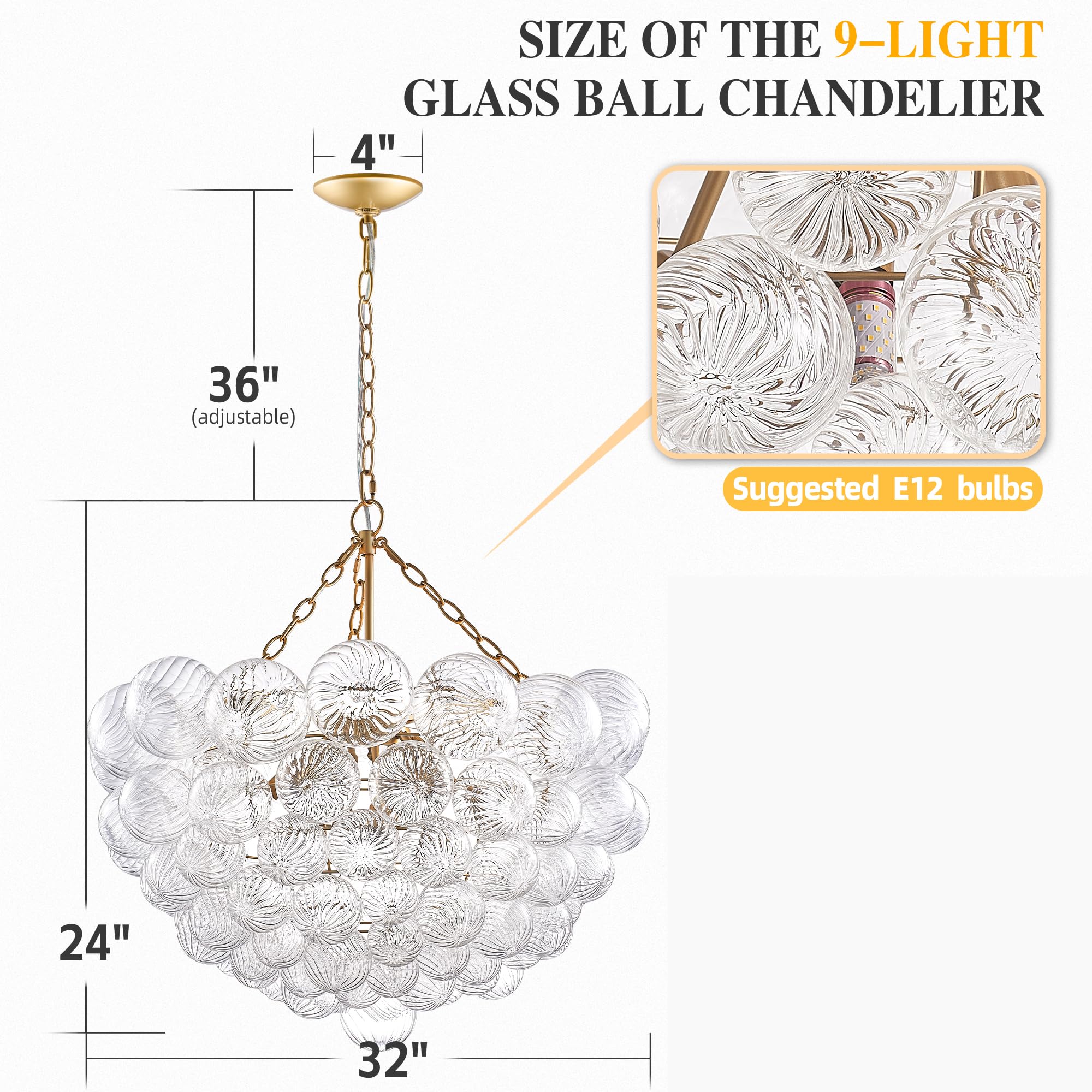 Semi Flush Mount Ceiling Bubble Ball Chandelier Lighting Dia 20 Inch Gold Clear Ribbed Blown Glass Chandeliers Ceiling Medallions Light Fixtures for Bedroom, Living Room, Entry, Bathroom