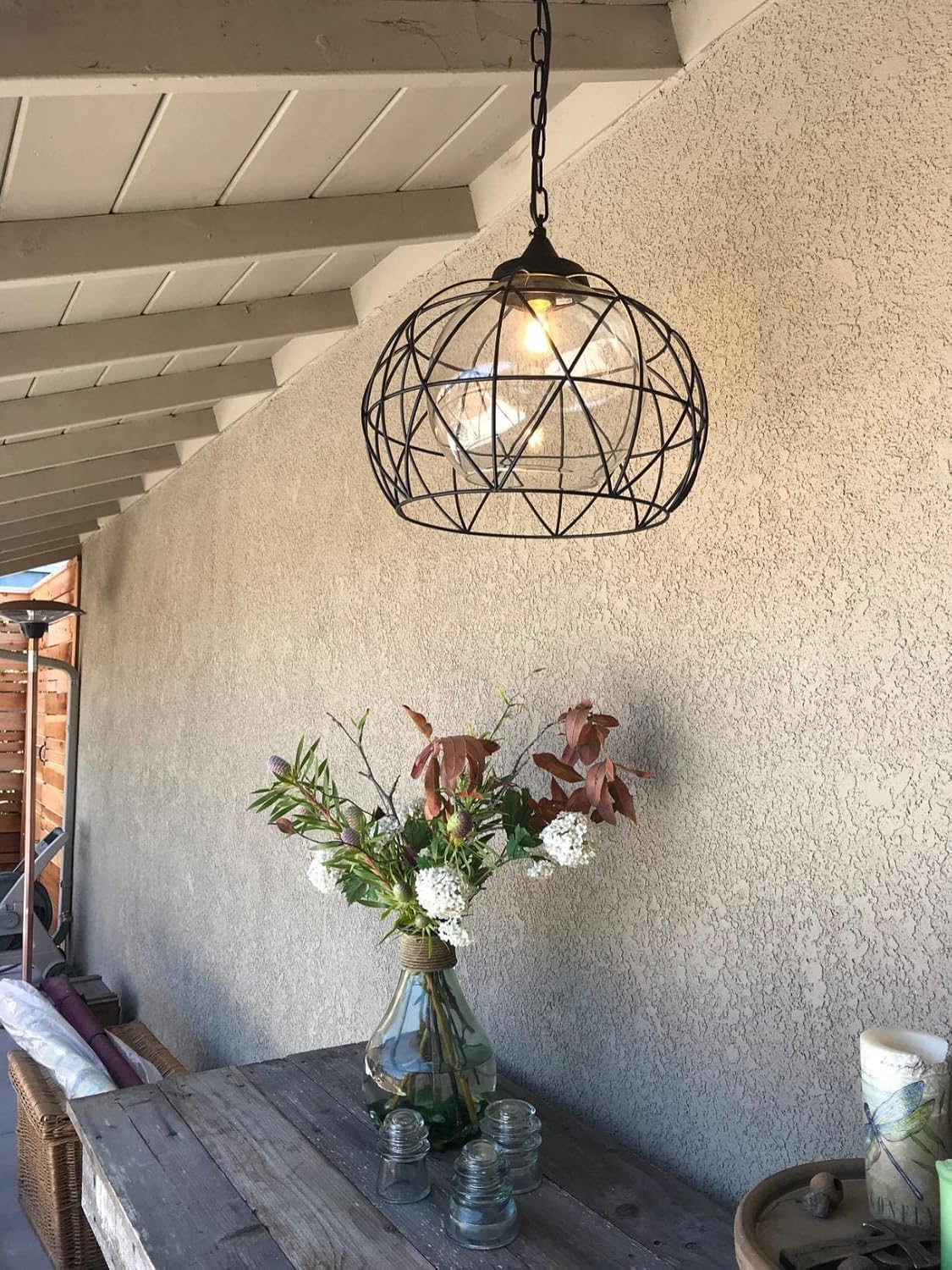 1-Light Hanging Lights,14.5 Inch Outdoor Chandelier Black Cage Pendant Lighting with Glass Shades, Porch Gazebo Barn Light Fixture Perfect for Dining Room, Bar, Aisle, Hallway, Entryway, Foyer