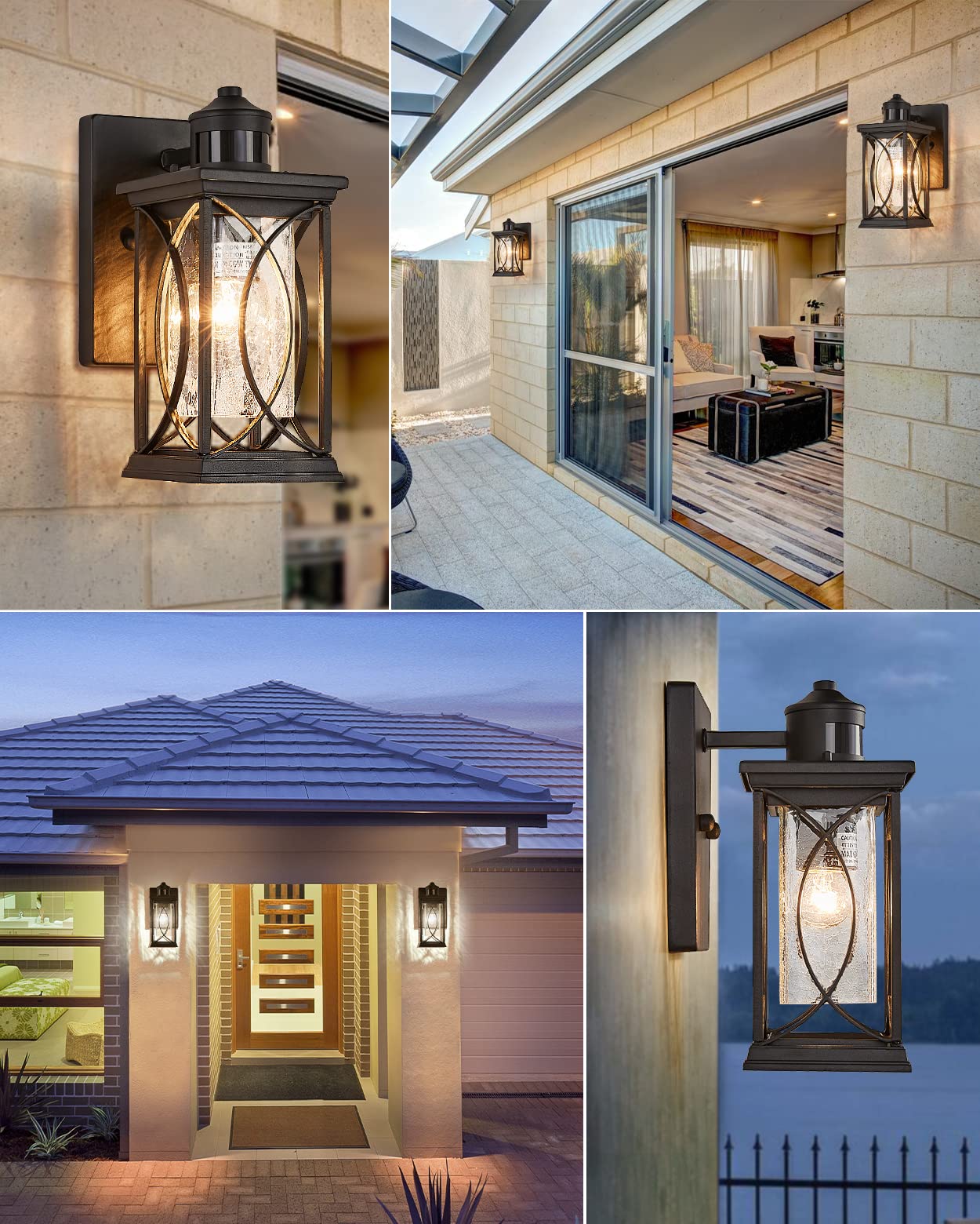 Outdoor Pendant Light Fixtures Dusk to Dawn Exterior Ceiling Hanging Lantern for Porch, Modern Black Outside Chandelier Light with Crack Glass for Front Door Porch Gazebo Foyer Entryway