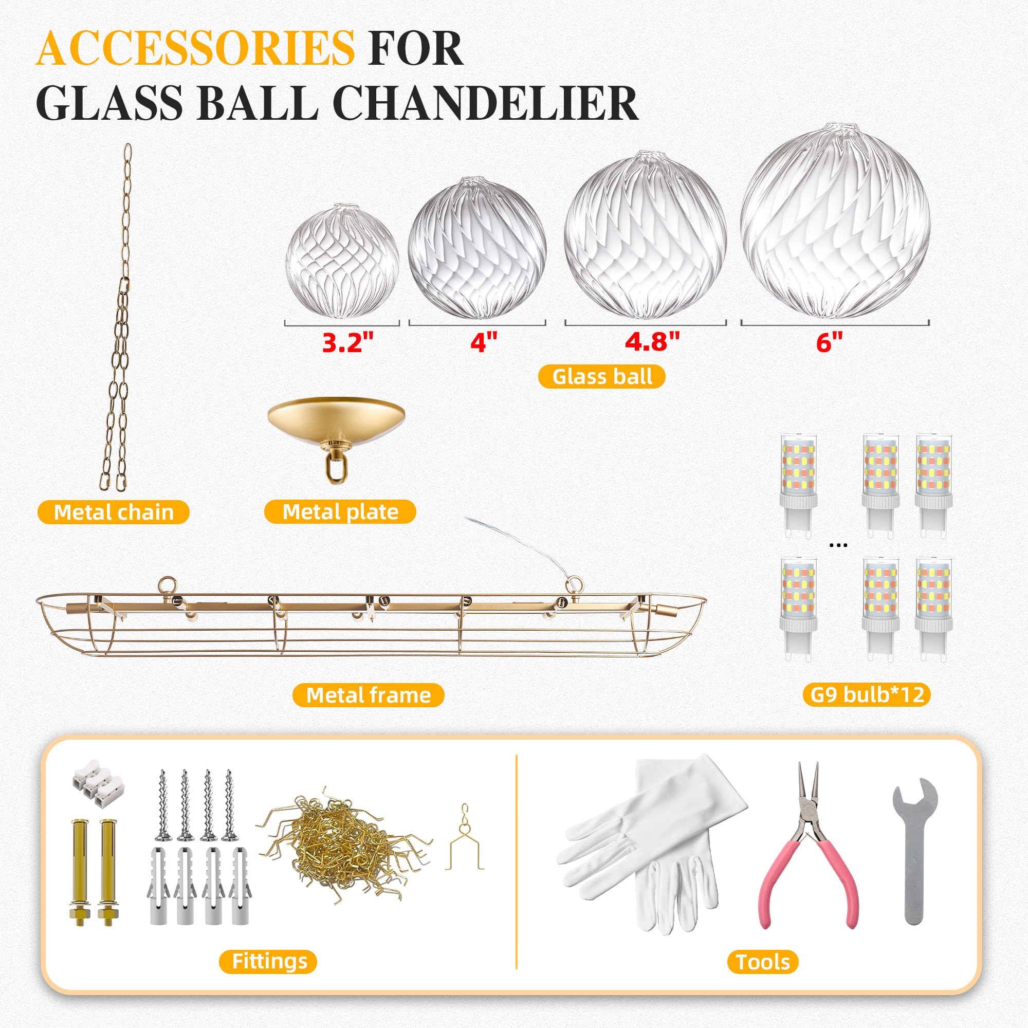 Semi Flush Mount Ceiling Bubble Ball Chandelier Lighting Dia 20 Inch Gold Clear Ribbed Blown Glass Chandeliers Ceiling Medallions Light Fixtures for Bedroom, Living Room, Entry, Bathroom