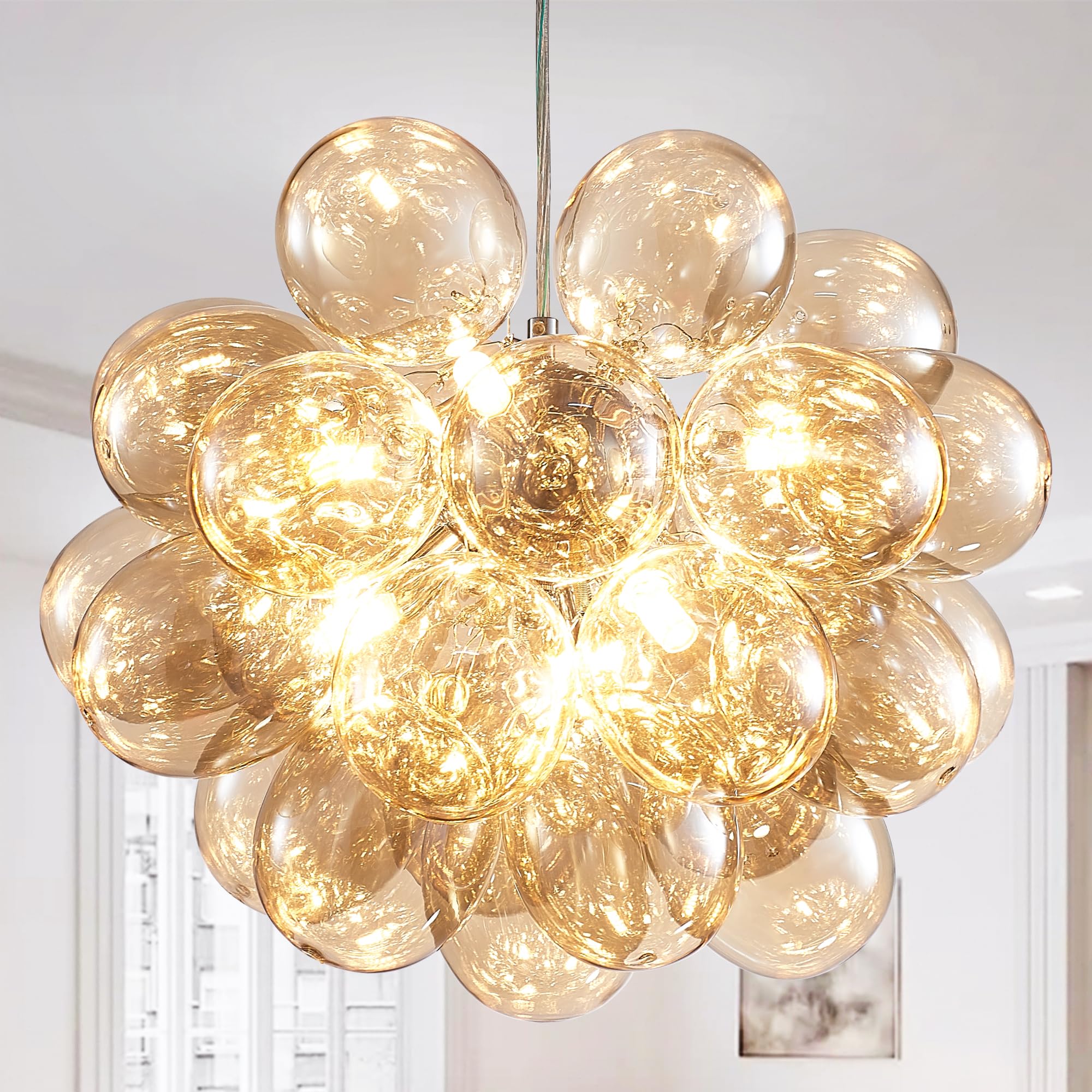 Semi Flush Mount Ceiling Bubble Ball Chandelier Lighting Dia 20 Inch Gold Clear Ribbed Blown Glass Chandeliers Ceiling Medallions Light Fixtures for Bedroom, Living Room, Entry, Bathroom