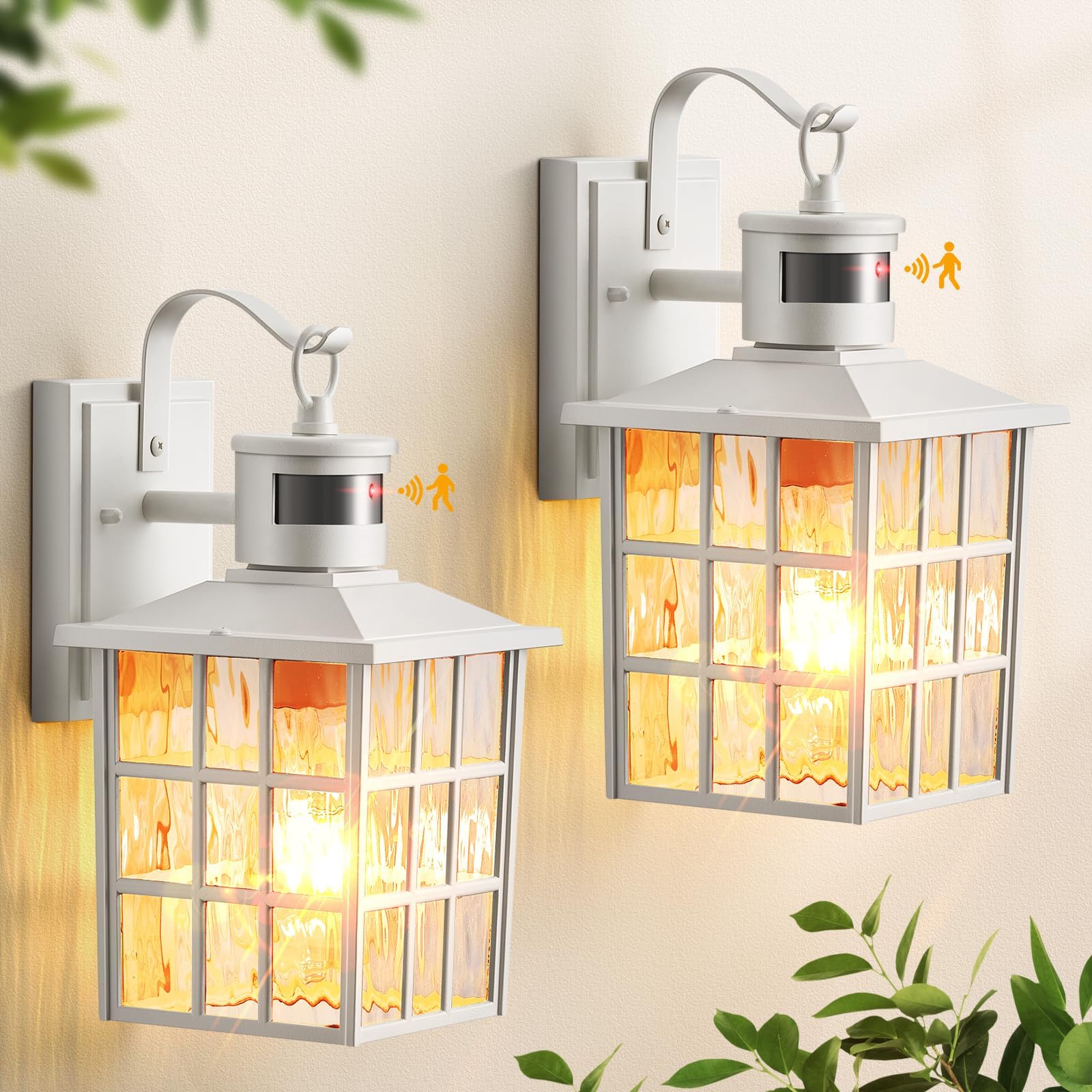 White Motion Sensor Exterior Wall Lantern, 2 Pack Dusk to Dawn Outdoor Light Fixture Wall Mount, Anti-Rust Modern Outdoor Wall Sconce Lighting for House Front Porch Garage with Tempered Glass