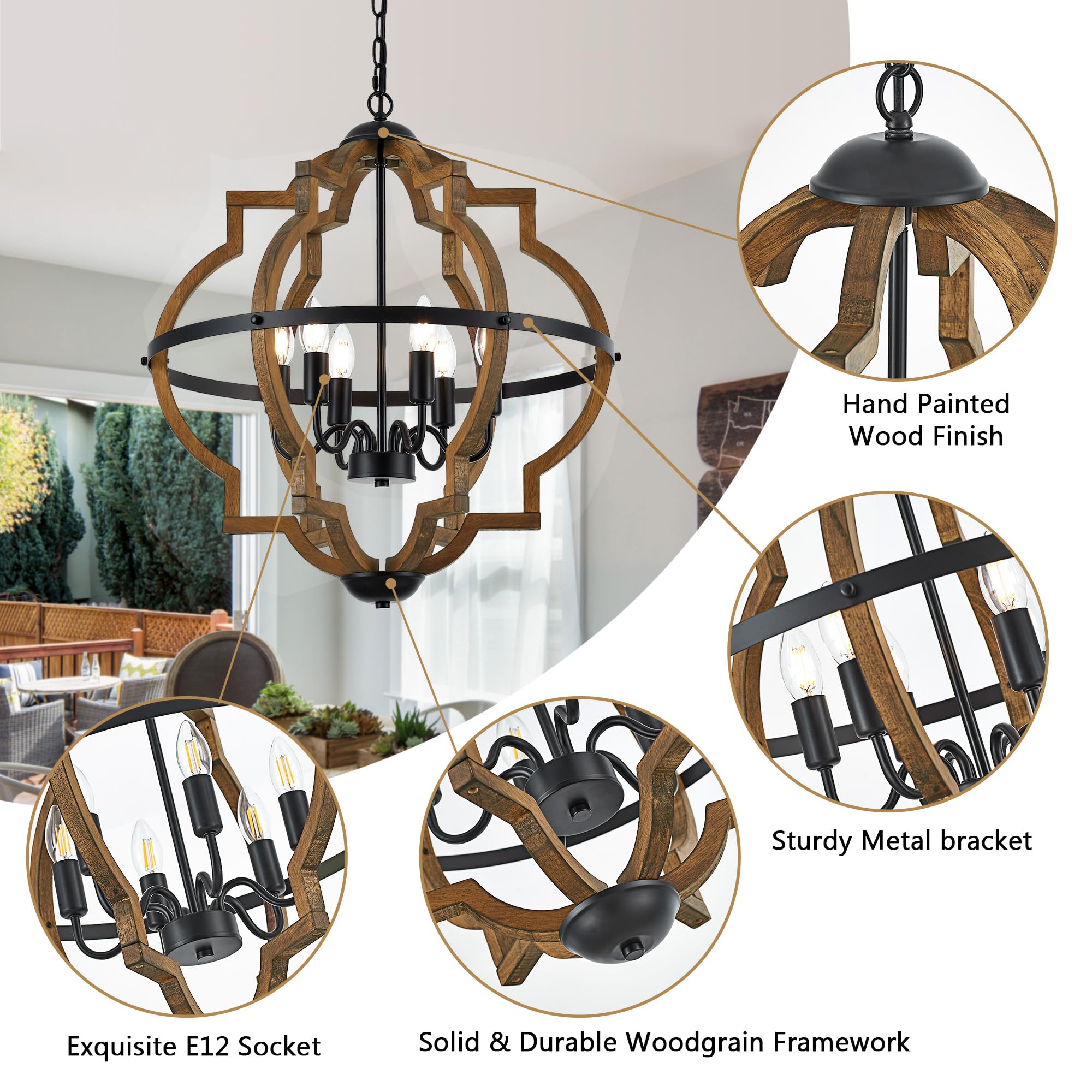 6-Light Farmhouse Wood Pendant Light,22.83'' Vintage Rustic Brown Oak Wood Chandeliers,Retro Industrial Hanging Light Fixtures for Dining Room Entryway, Bedroom