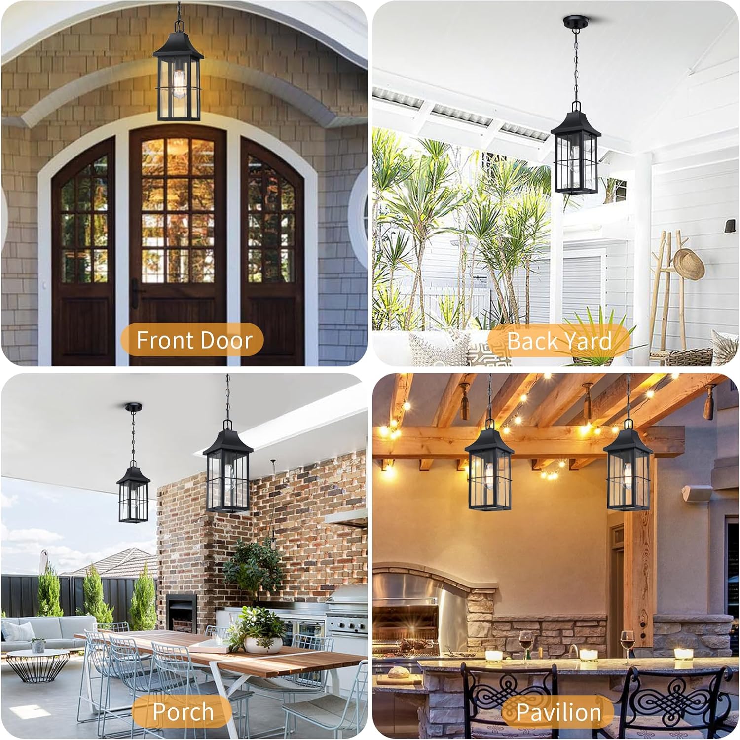 Large Outdoor Pendant Light 1 Pack, 16'' Modern Exterior Hanging Light Fixture with Clear Glass, Farmhouse Black Metal Outside Chandelier for Patio Front Porch Foyer Entryway, E26 Socket