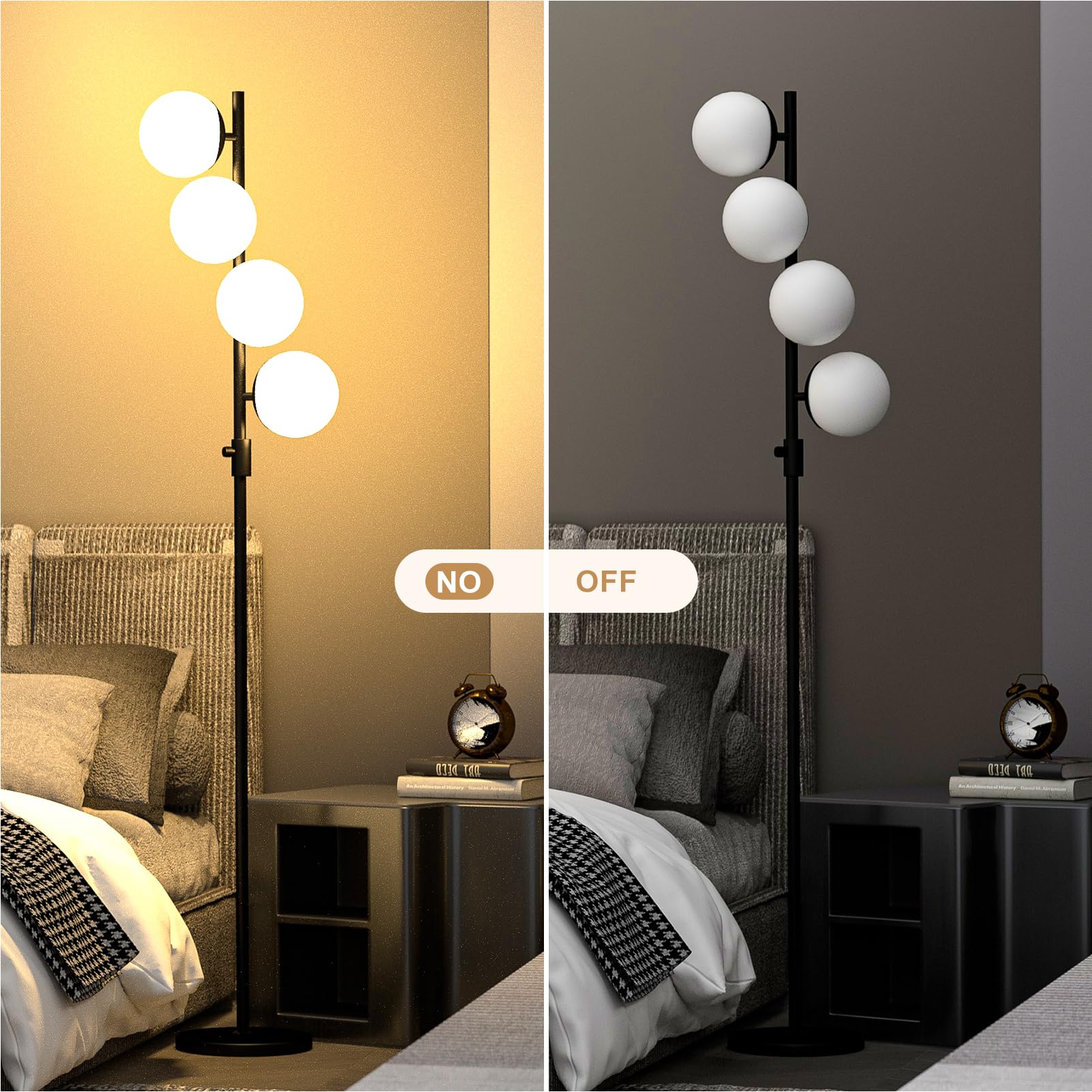 Dimmable Globe Floor Lamp, Gold Standing Lamps with 4PCS 3000K G9 Bulbs Soft Warm White Eye Care, Mid Century Modern Floor Lamp for Living Room