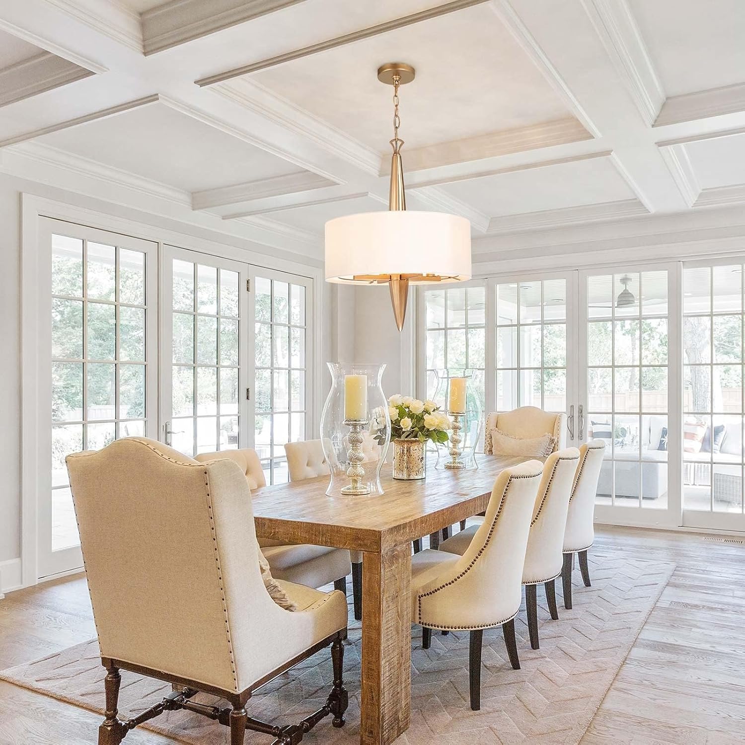 Gold Chandeliers, Modern Drum Hanging Light Fixture with White Fabric, 4 Light Chandelier for Dining Room Living Room Foyer