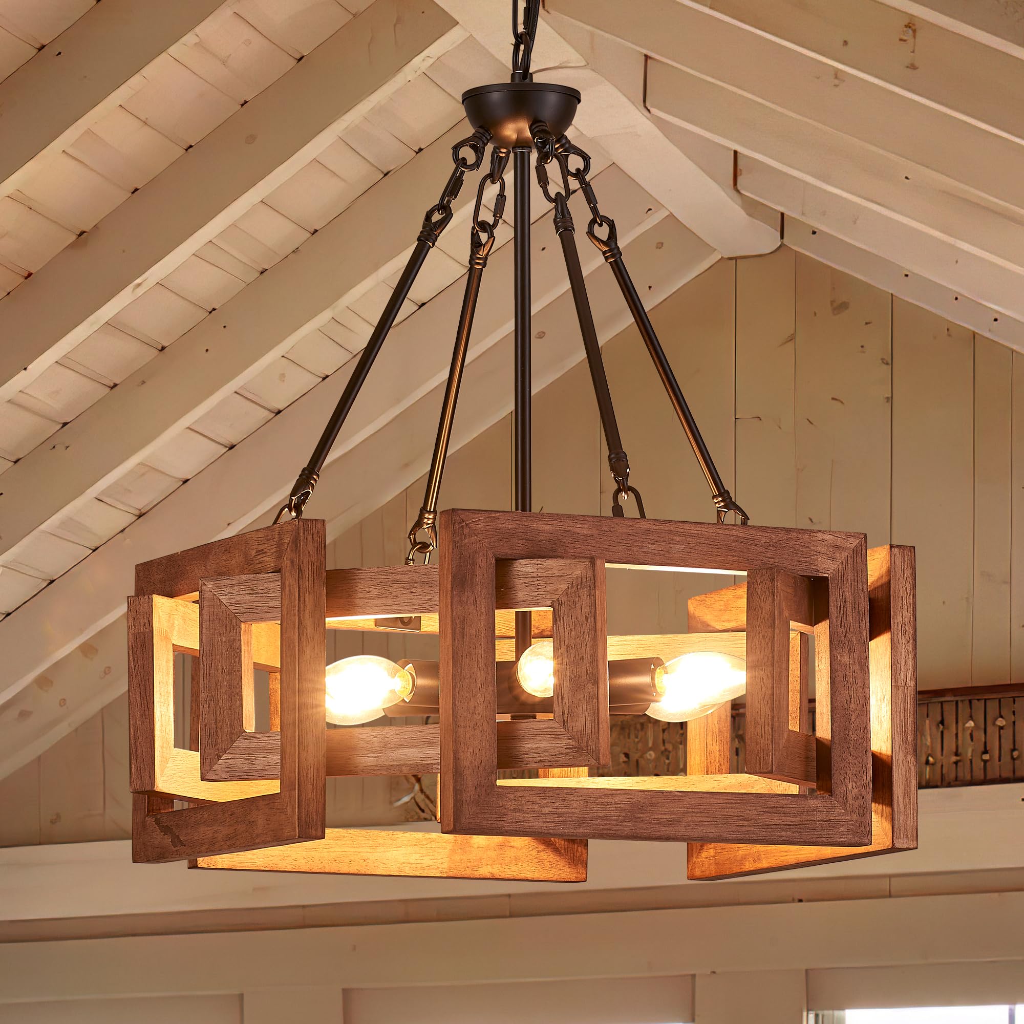 6-Light 21" Farmhouse Orb Chandelier Rustic Handmade Distressed White Wood Hanging Ceiling Pendant Light Fixture Wood Lantern Chandeliers for Dining Room Kitchen Bedroom Foyer Hallway