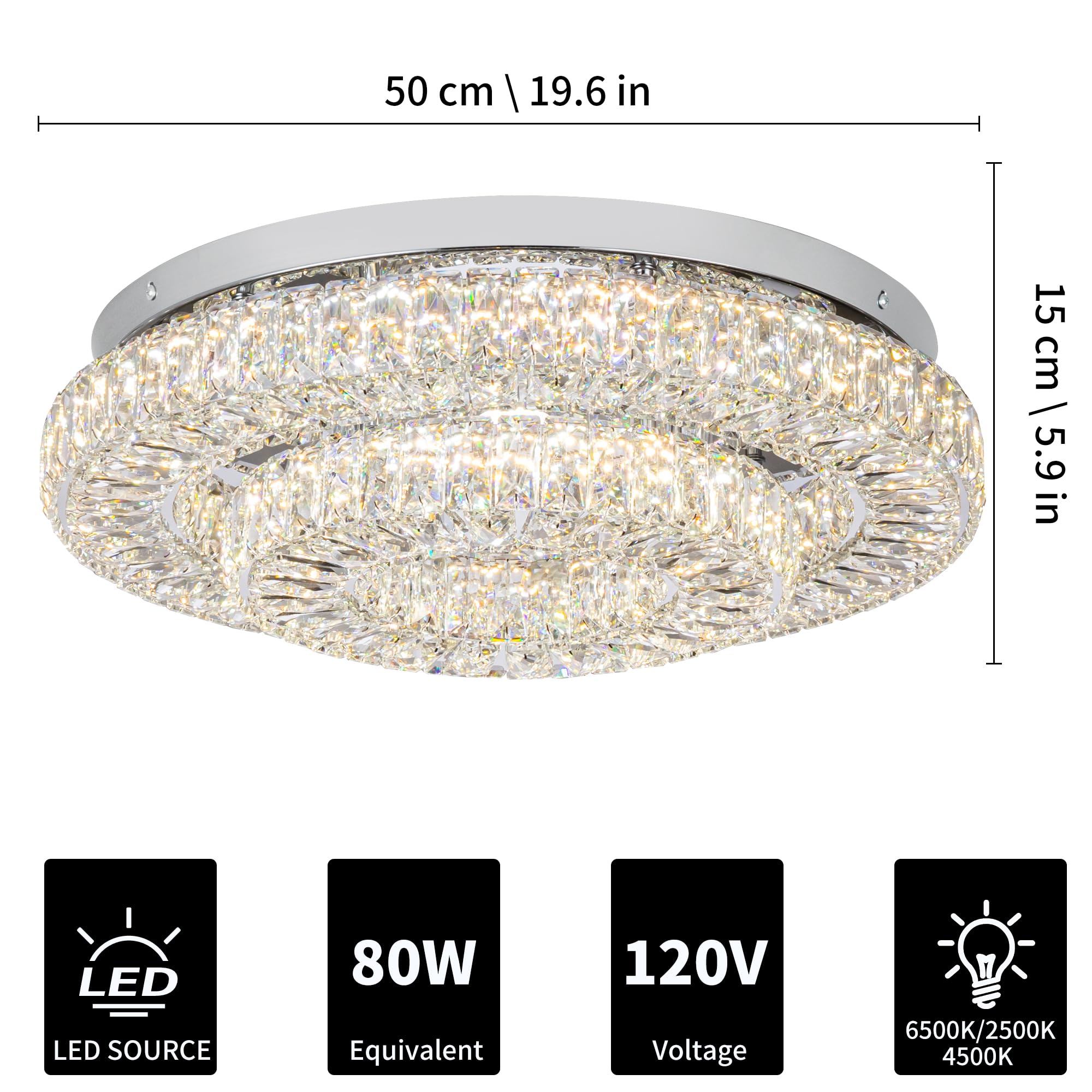 11.8" Crystal Chandelier LED Crystal Flush Mount Ceiling Light Modern Crystal Chandeliers for Bedrooms Dining Room Hallway (6500K Cool White) Without Remote Control