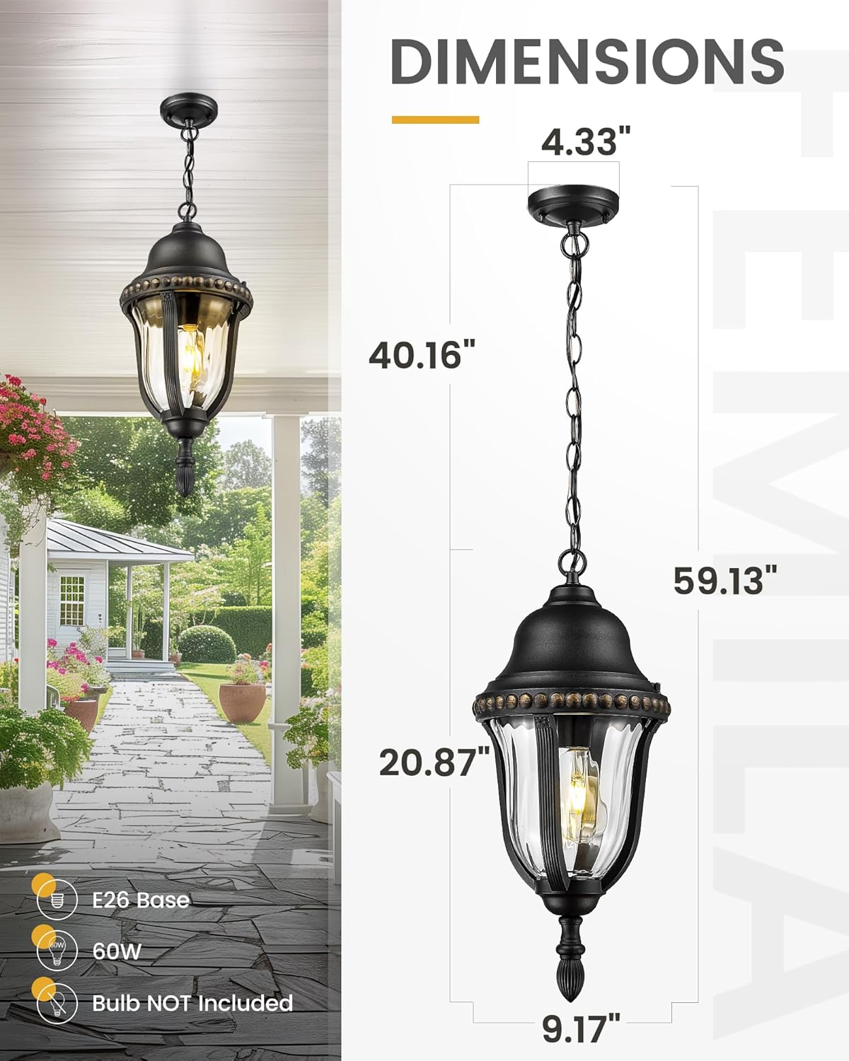 21" Outdoor Pendant Lights for Porch, Outdoor Chandelier for Gazebo, Patio, Hanging Lantern Light with Matte Black Finish, E26 Base, 4FX80H BK