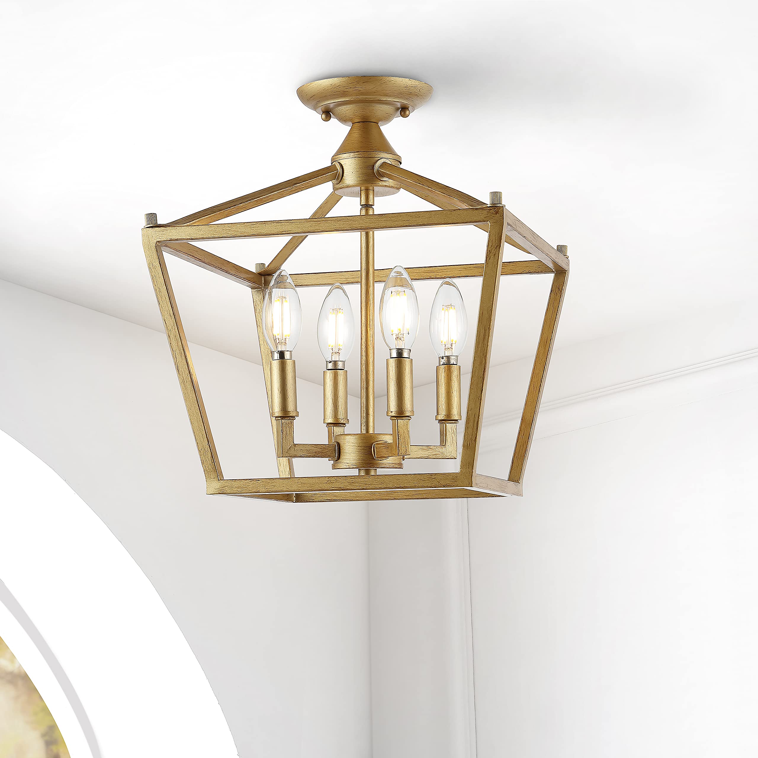 Mini Lantern 12" 4-Light Iron Modern Farmhouse LED Flush Mount, Rustic, Industrial, Dimmable, 2700K Cozy Warm Light Kitchen, Hallway, Bathroom, Stairwell, Brass Gold