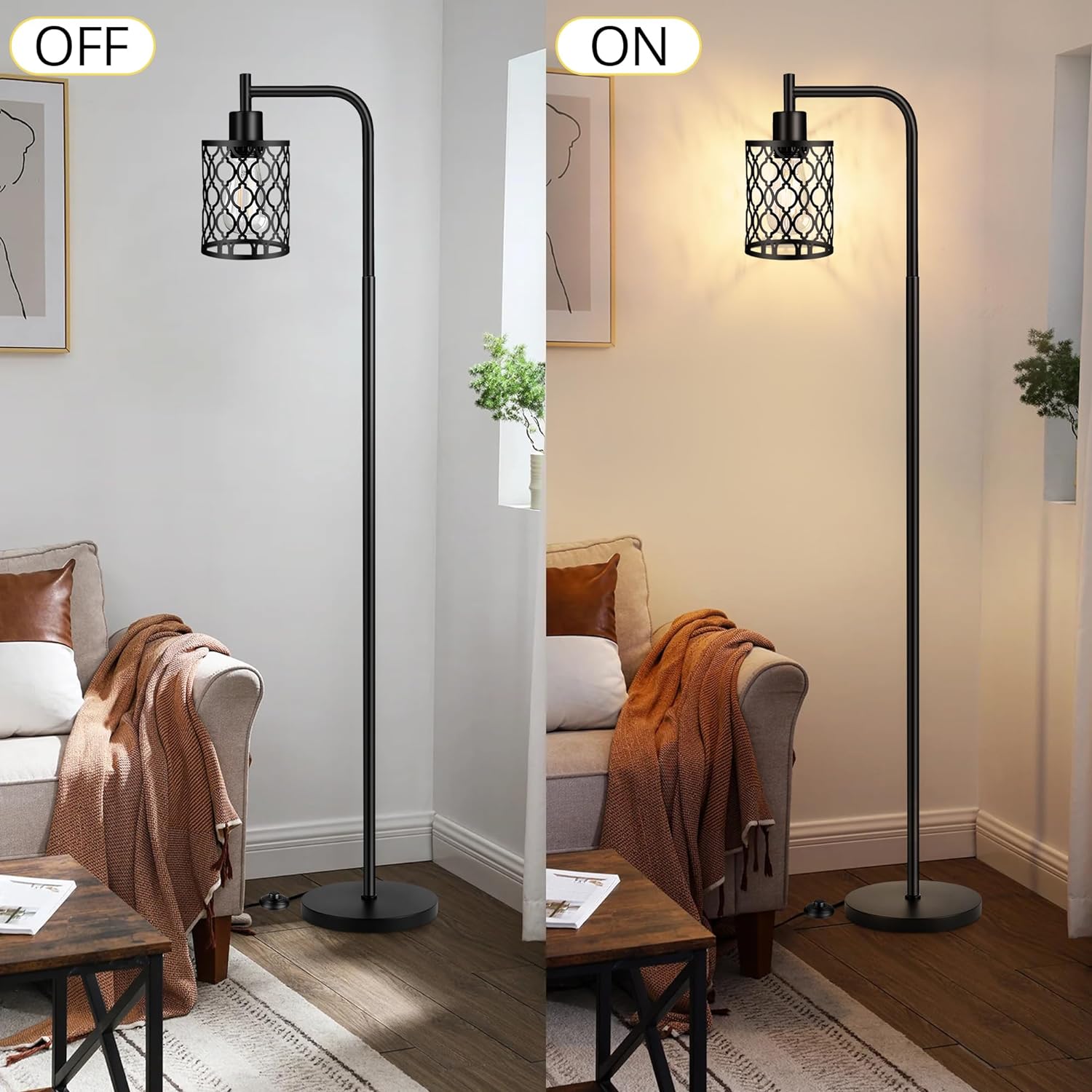 Industrial Floor Lamp with Metal Shade, Black Farmhouse Floor Lamp Including 6W 2700K Edison Bulb, Standing Lamp for Living Room, Tall Pole Lamp for Bedroom, Office Lighting, Black, 67"