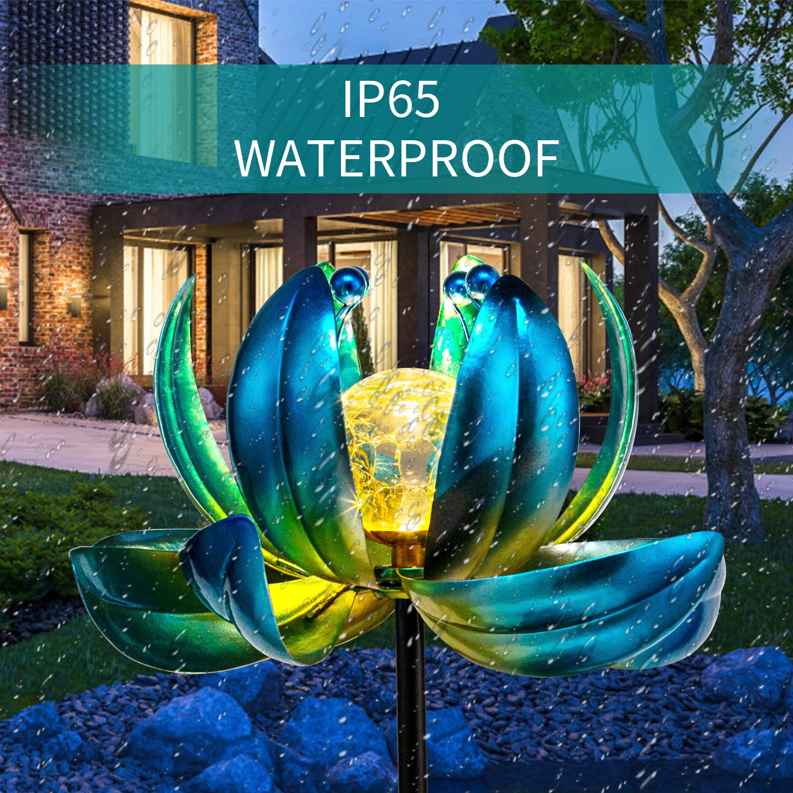 Solar Light Outdoor Waterproof Garden Light Metal Glass Decorative LED Lotus Flower Table Lamp