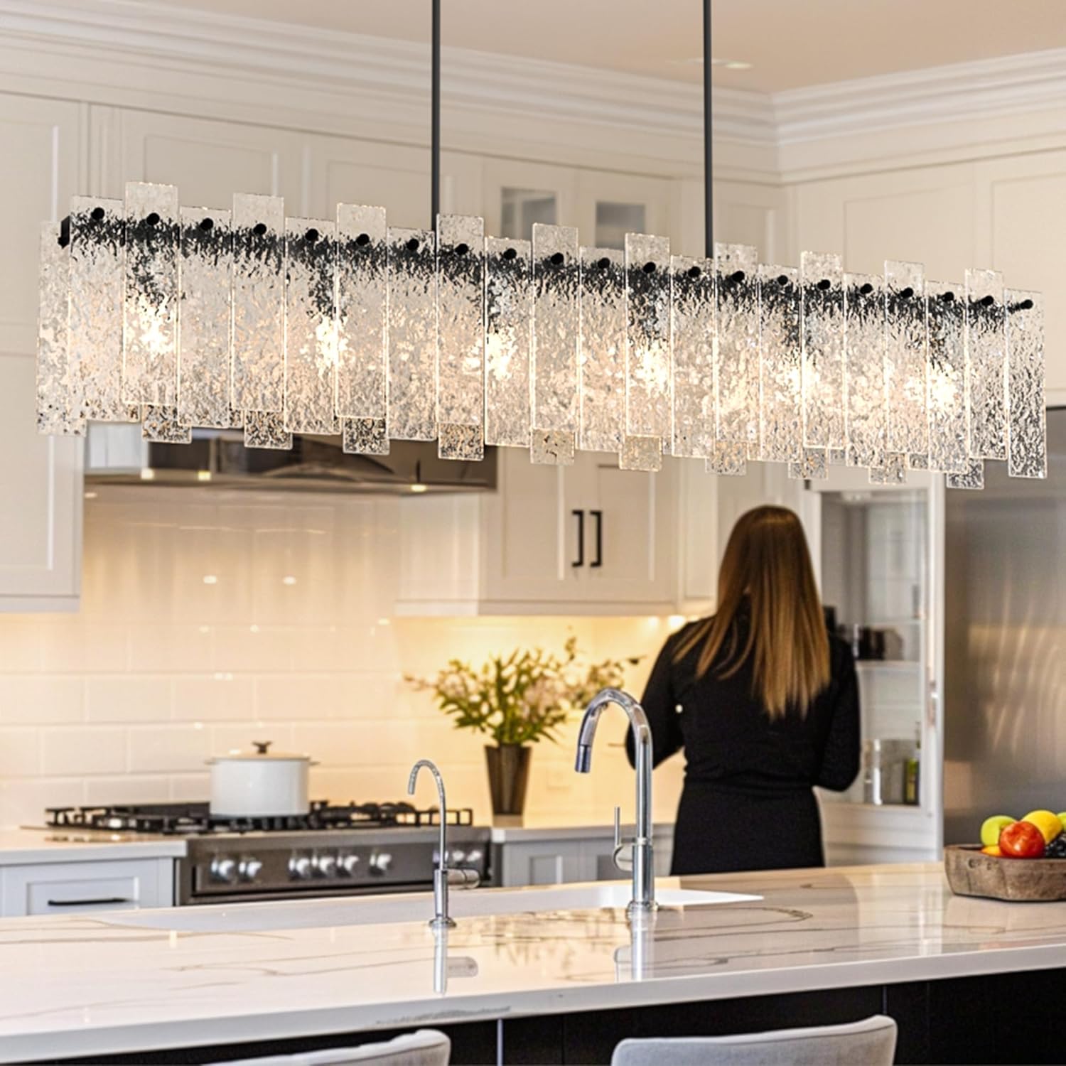 Modern Black Chandelier for Dinning Room - Large Rectangular Chandelier, Water Ripple Glass Island Light Fixture, 6-Lights Linear Large Chandelier for Kitchen Island Bar, Living Room