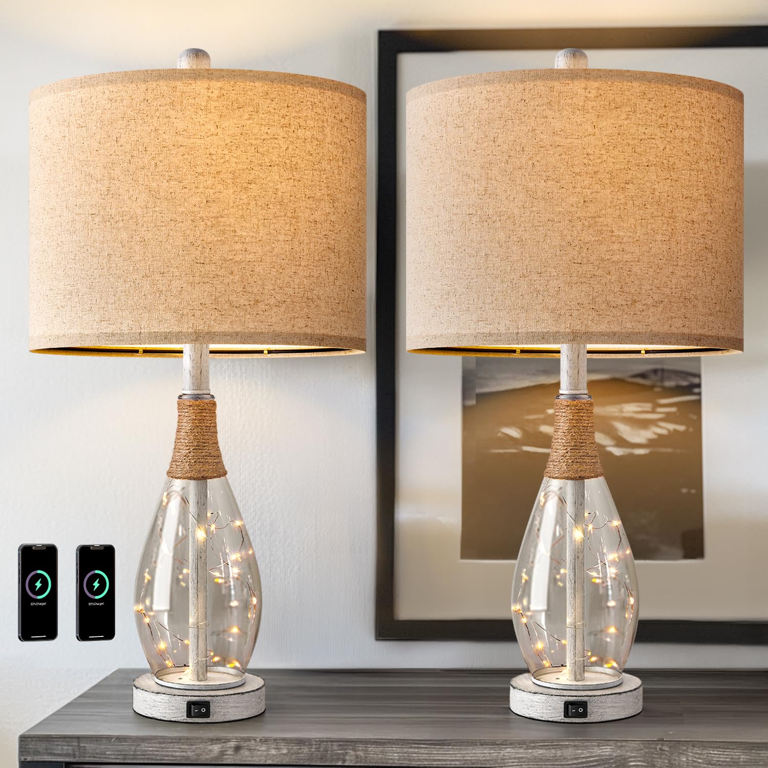 23" Table Lamps for Living Room Set of 2 Bedside Lamps for Night Stands Bedroom Lamps Farmhouse Rattan Boho Lamp Glass Nightlight End Table Lamp with USB C+A (White)