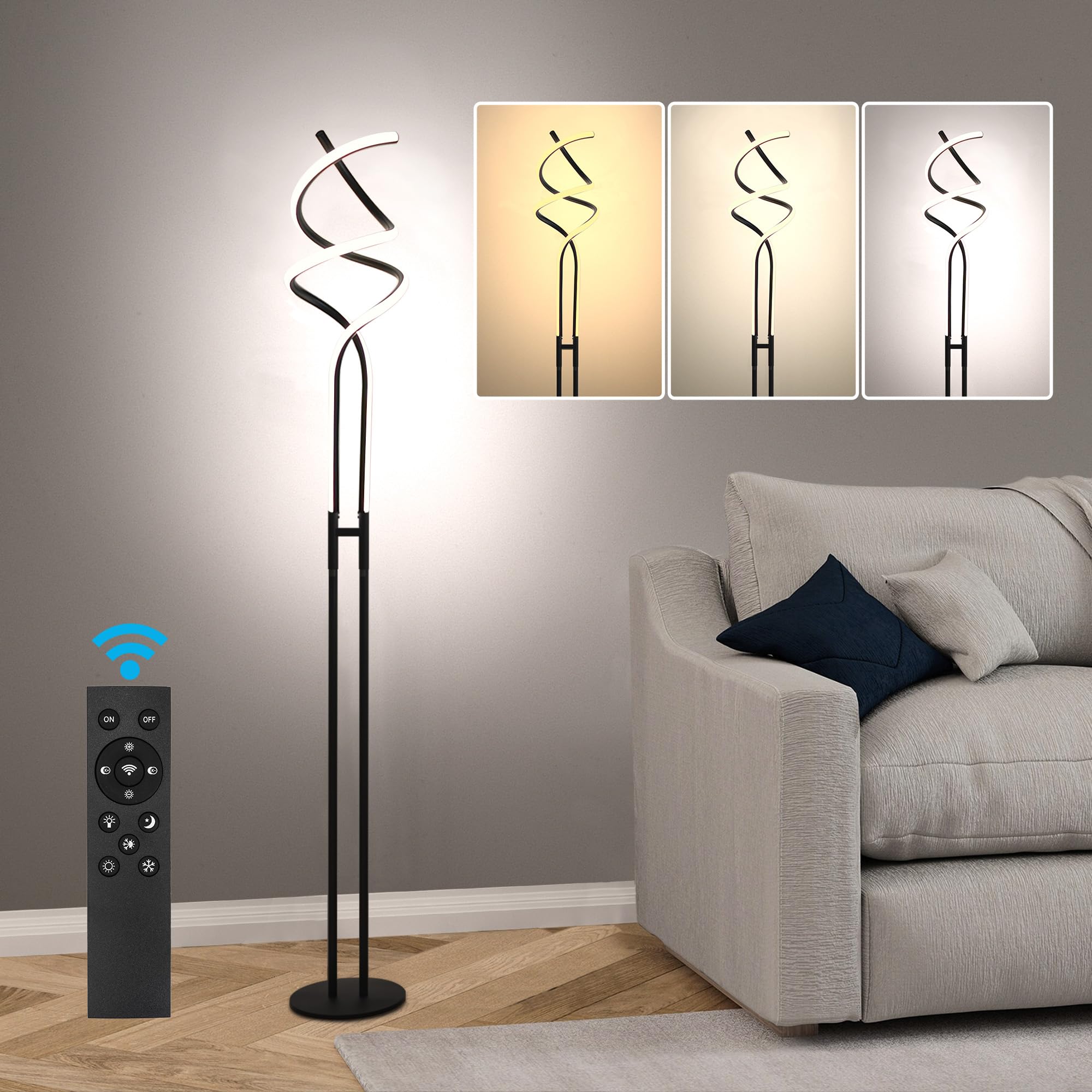 Modern Spiral Floor Lamp Dimmable LED Floor Lamp with 3 Color Temperatures, Ultra Bright, Standing Tall Lamp with Remote Reading Floor Lamp for Living Room Bedroom Office