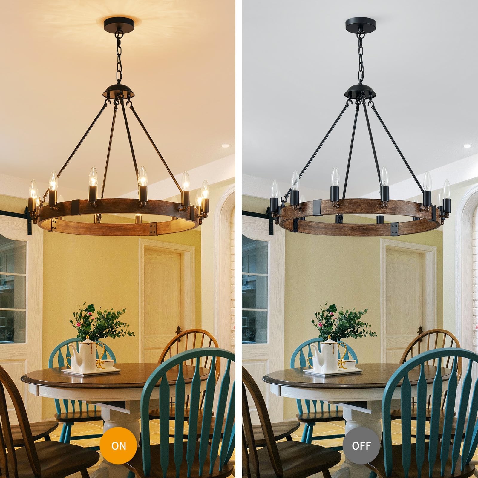 5-Light Wagon Wheel Chandelier Rustic Farmhouse Industrial Round Pendant Light Fixture with Clear Seeded Glass Shades for Dining Room Kitchen Island, H 20.5" x W 26.2", E12 Base, Gold