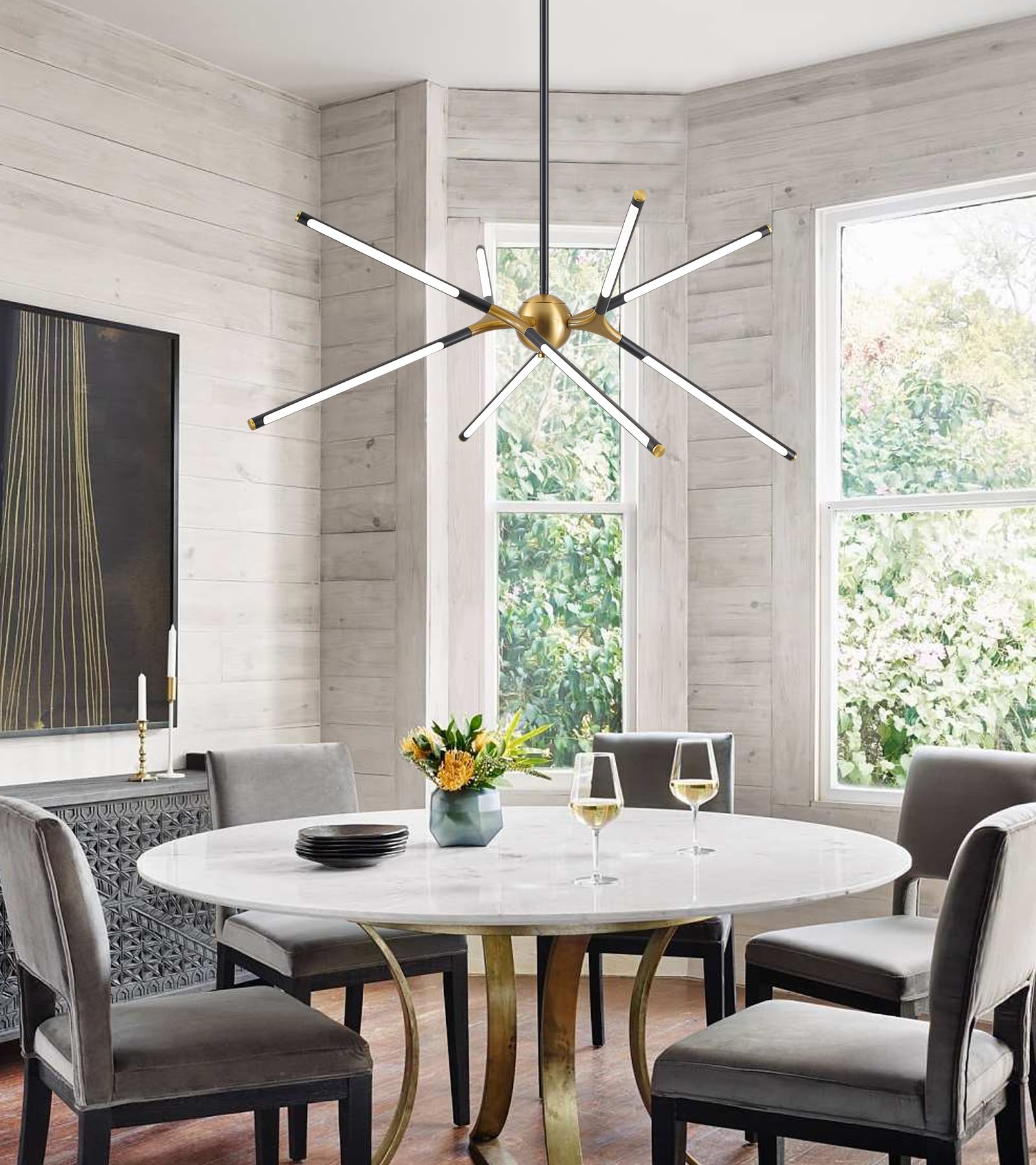 Modern LED Chandeliers for Dining Room,Black and Oak White Farmhouse Sputnik Dimmable Chandelier with Remote for Living Room Kitchen Office Hotel Restaurant Lobby