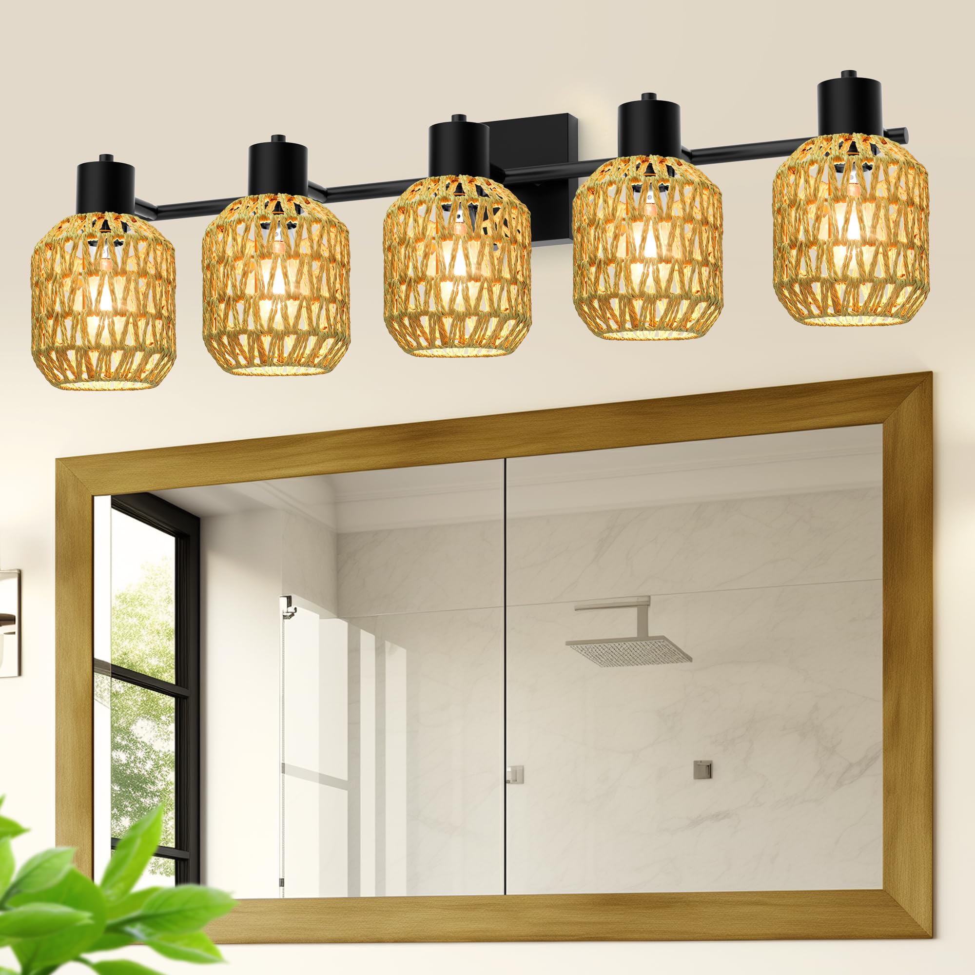 Rattan Wall Sconces Set of Two, Boho Bathroom Vanity Lighting Fixtures over Mirror, Hardwired Farmhouse Wall Lamp with 330°Adjustable Arm for Living Room, Bedroom and Hallway, E26 Base (Not Included)