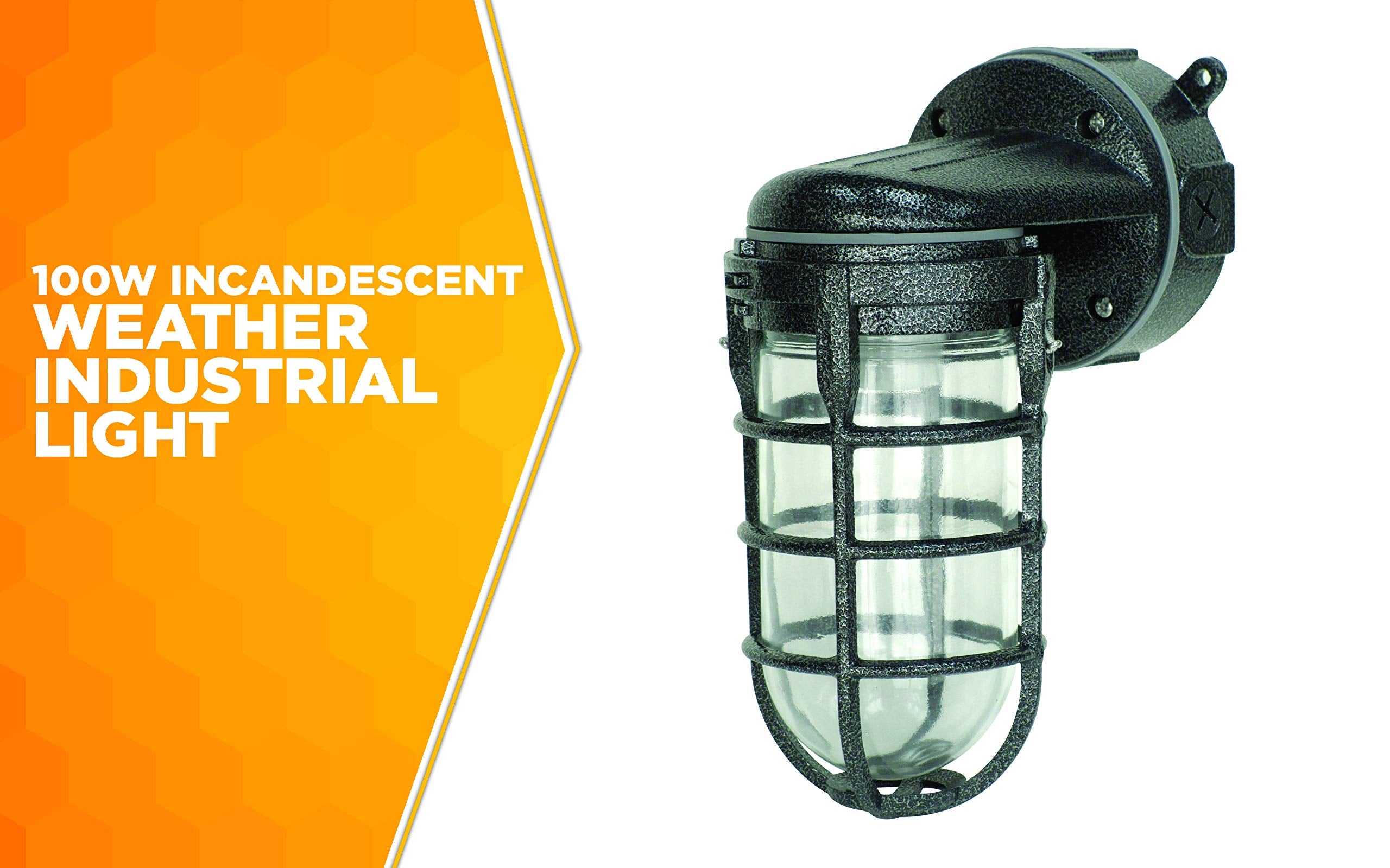 Wall Mount Light in Hammered Black Finish Sturdy Die Cast Aluminum Cage; 100 Watt Incandescent; Industrial Design; Suitable for Indoor and Outdoor Use