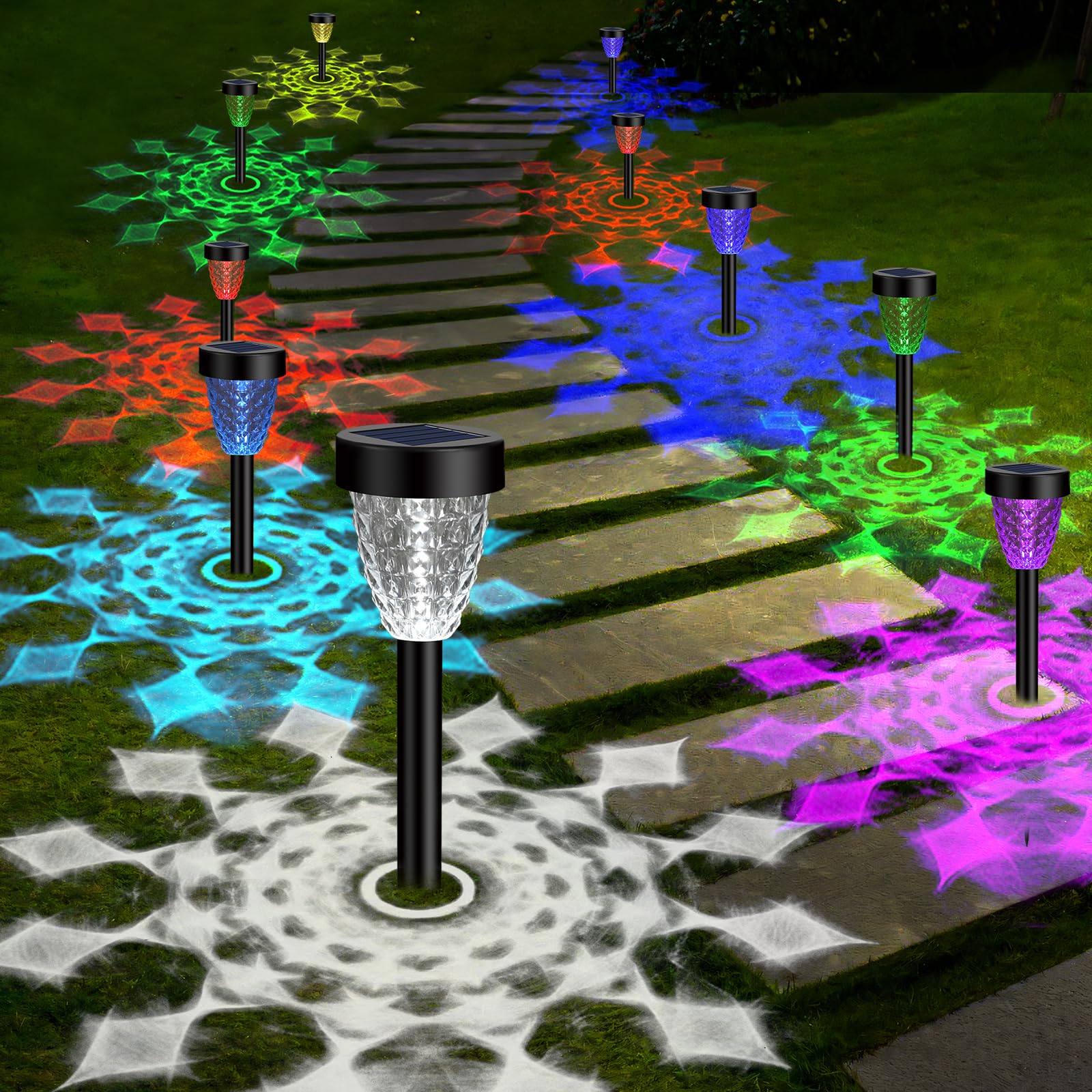 Solar Pathway Lights Outdoor, 10 Pack Color Changing + Cool White, IP65 Waterproof Up to 12 Hrs Auto On/Off, Outdoor Solar Lights for Yard Lawn Walkway Landscape Garden Decoration