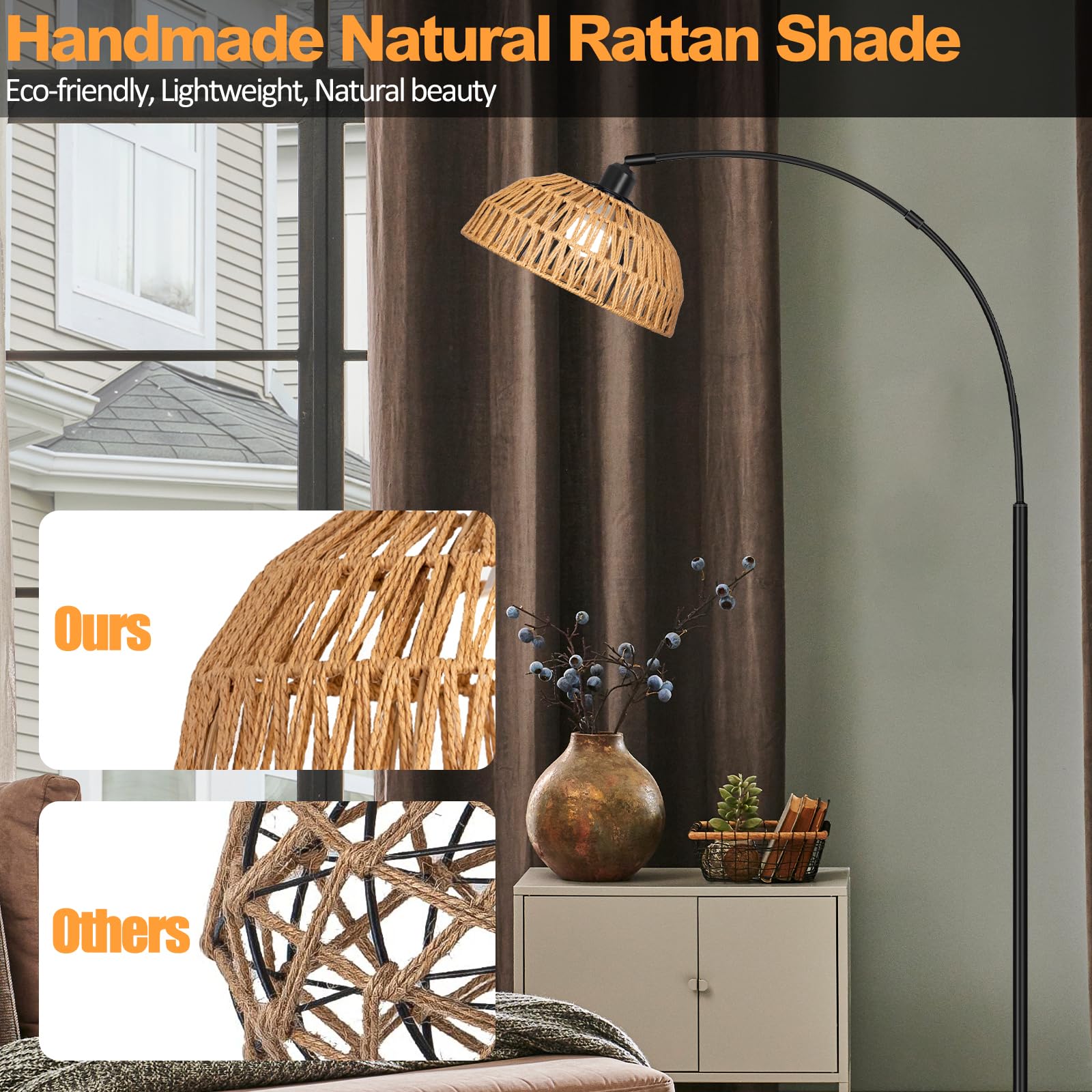 Rattan Floor Lamp- Boho Standing Lamp with Remote Control and Dimmable Bulb, Hand-Worked Adjustable Rattan Shades, Black Farmhouse Tall Lamp, Boho Arc Floor Lamps for Living Room, Bedroom, Office