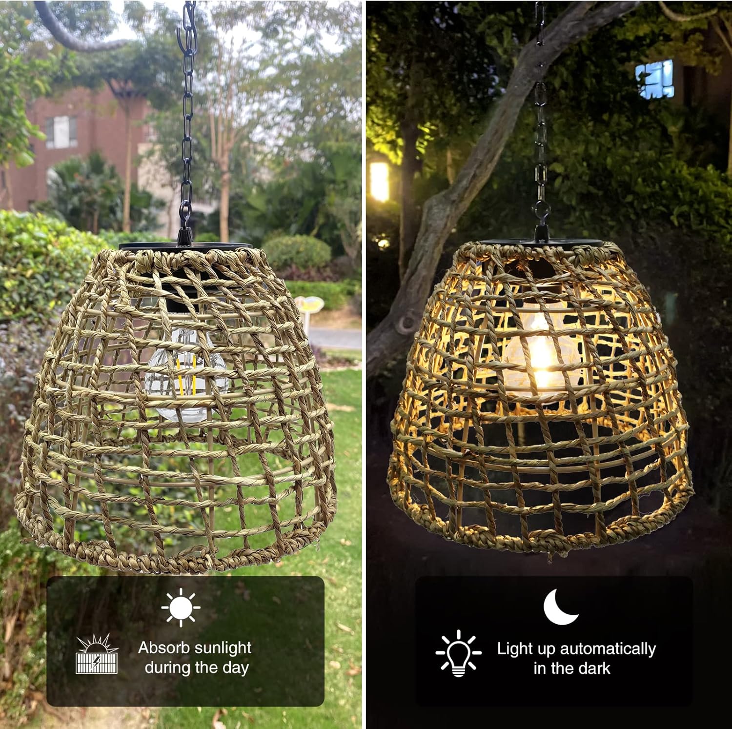 Battery Operated Outdoor Hanging Light Seagrass Woven Waterproof Porch Gazebo Patio Pendant Lantern Chandelier Lighting Decorative Hollow-Out Auto On/Off Warm White Bulb