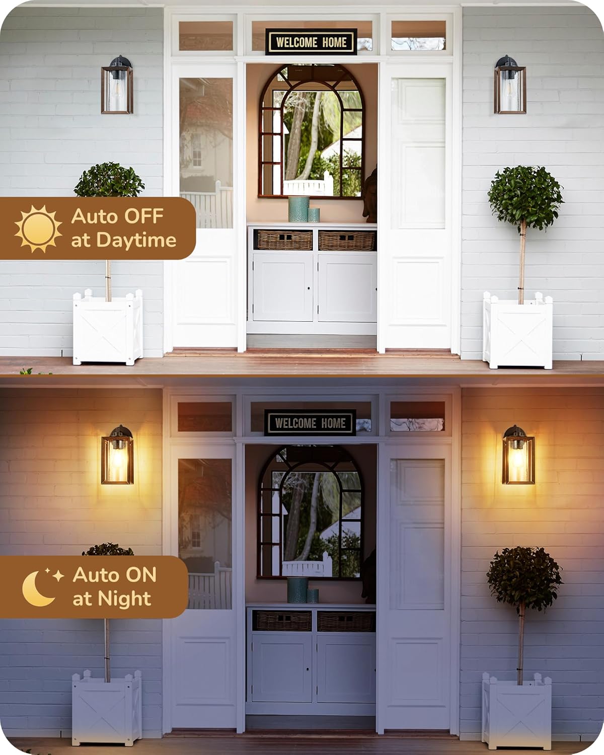 Outdoor Wall Lights, Farmhouse Exterior Lighting Fixtures with Seeded Glass, Wood Grain Finish Porch Light Wall Mount Lantern Waterproof Outside Wall Sconce Lamp, E26 Base