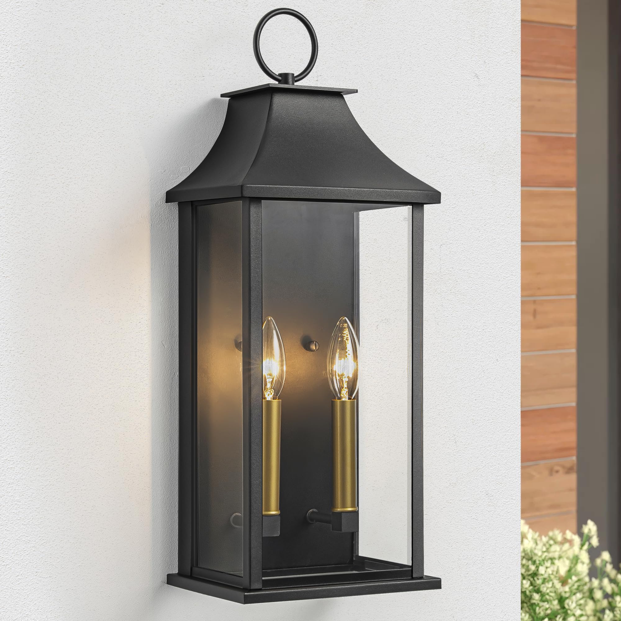 Outdoor Wall Lantern 2-Light, 21" Large Outside Wall Sconce, Modern Black Wall Light Fixture with Glass, Waterproof Exterior Lamp for House, Porch, Garage