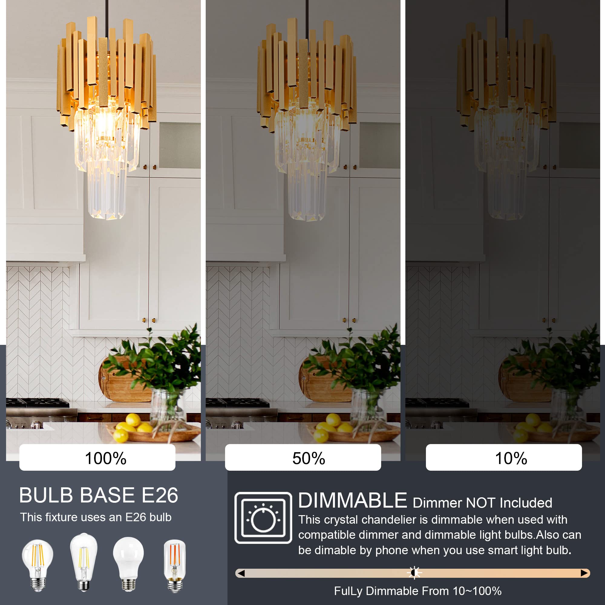 Gold Crystal Pendant Light Mini Modern Luxury Crystal Pendant Light Perfect for Dining Room, Bedroom, Kitchen, Living Room 3-Pack