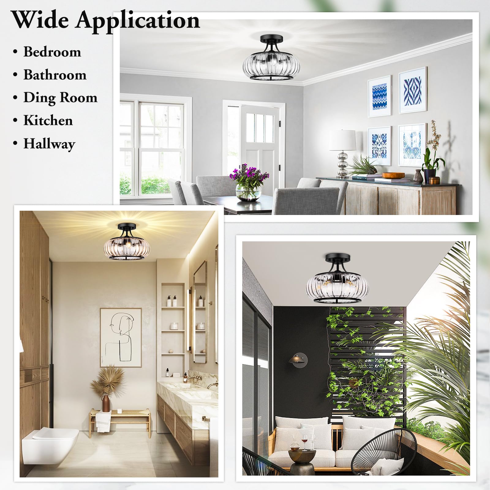 Modern 3-Light Semi Flush Mount Ceiling Light, Clear Glass Hallway Ceiling Light Fixture with Round Shade, Industrial Black Glass Close to Ceiling Lamp for Bathroom Kitchen Bedroom Porch