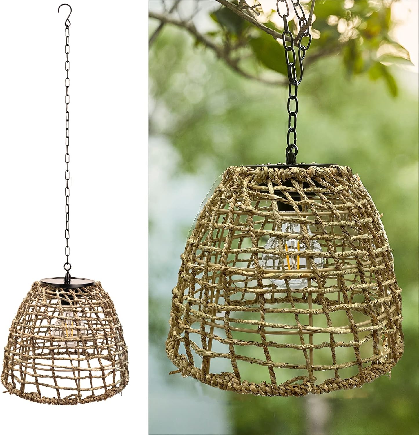 Battery Operated Outdoor Hanging Light Seagrass Woven Waterproof Porch Gazebo Patio Pendant Lantern Chandelier Lighting Decorative Hollow-Out Auto On/Off Warm White Bulb