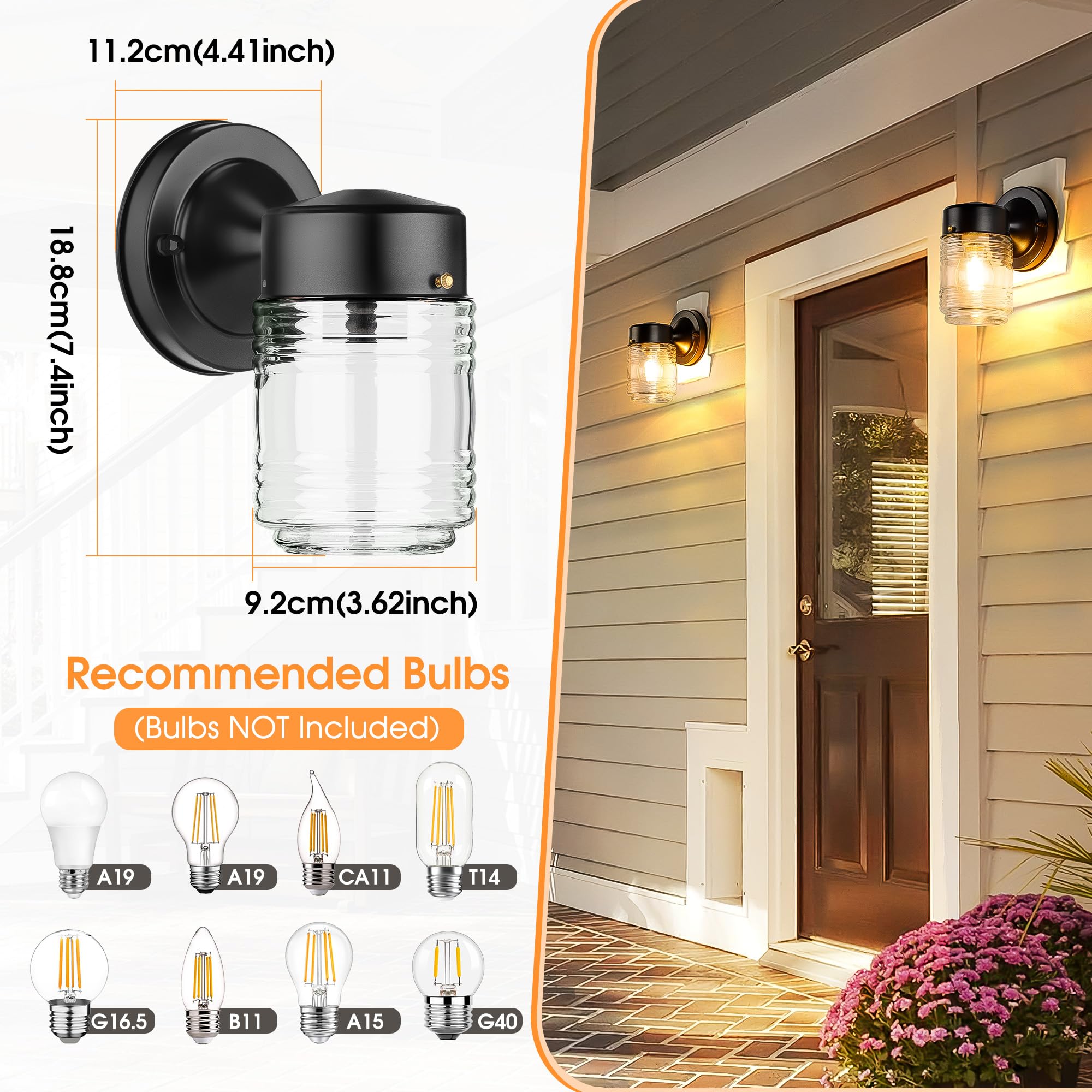 Jelly Jar Outdoor Wall Lantern, Black Exterior Waterproof Wall Mount Lighting Fixture, Anti-Rust Front Door Wall Sconce with Clear Ribbed Glass Shade, E26 Socket Wall Lamp for Patio, 2 Pack