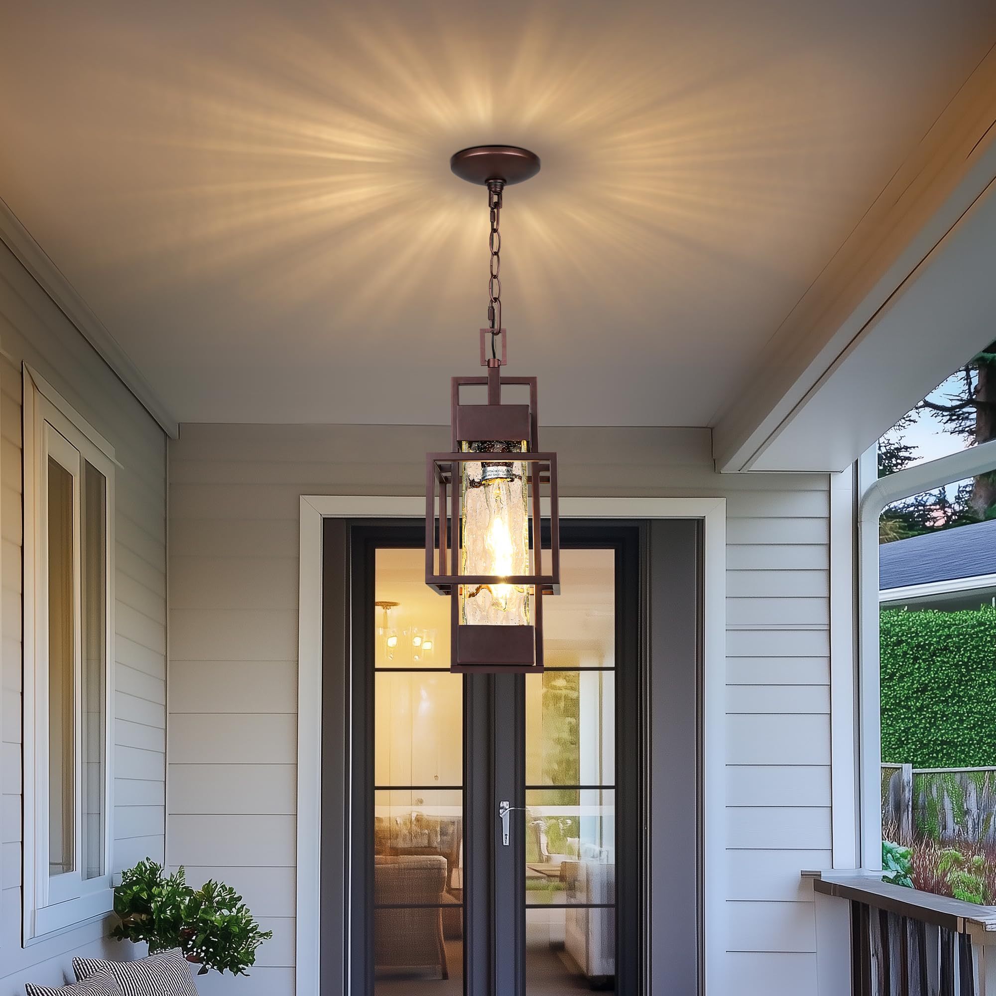 15" Outdoor Indoor Pendant Light Exterior Hanging Lantern, Modern Metal Outside Chandelier Light Fixture Ceiling Mount with Water Glass for Front Porch Entrance Foyer Entryway, Oil Rubbed Bronze