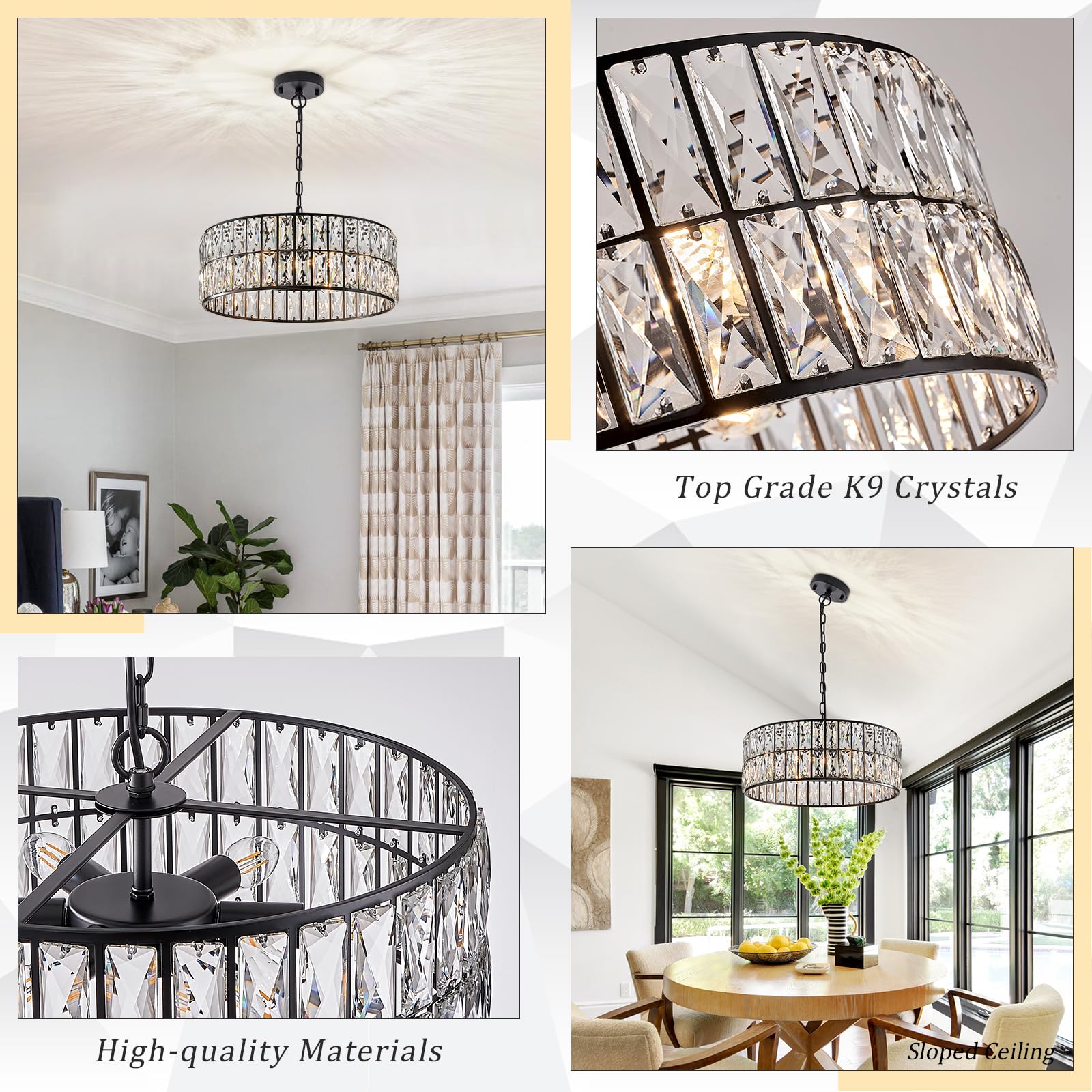 Gold Crystal Chandeliers, Modern Semi Flush Mount Chandelier 4-Ligh Drum Crystal Ceiling Pendant Light Fixture 12” for Foyer Entryway Kitchen Hallway Dining Room